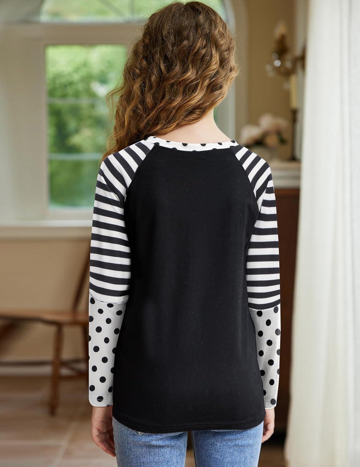 image:imageArshiner Girls Long Sleeve Shirts Color Block Casual Cute Top Tee Blouse with Fashion PocketBlackStripesDot