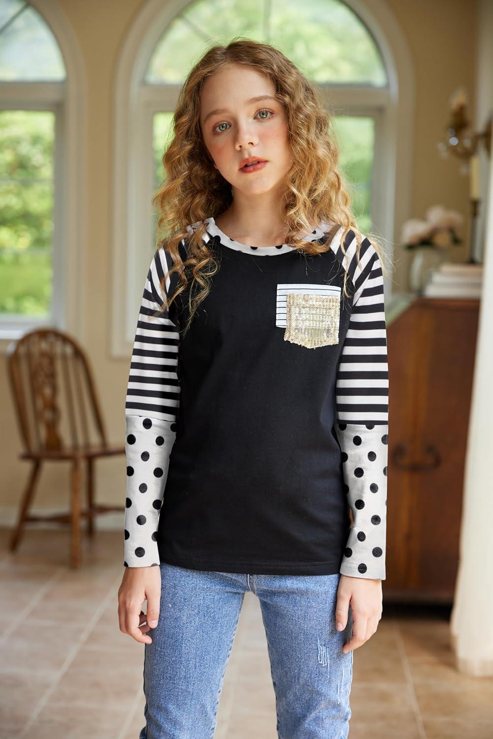 image:imageArshiner Girls Long Sleeve Shirts Color Block Casual Cute Top Tee Blouse with Fashion PocketBlackStripesDot