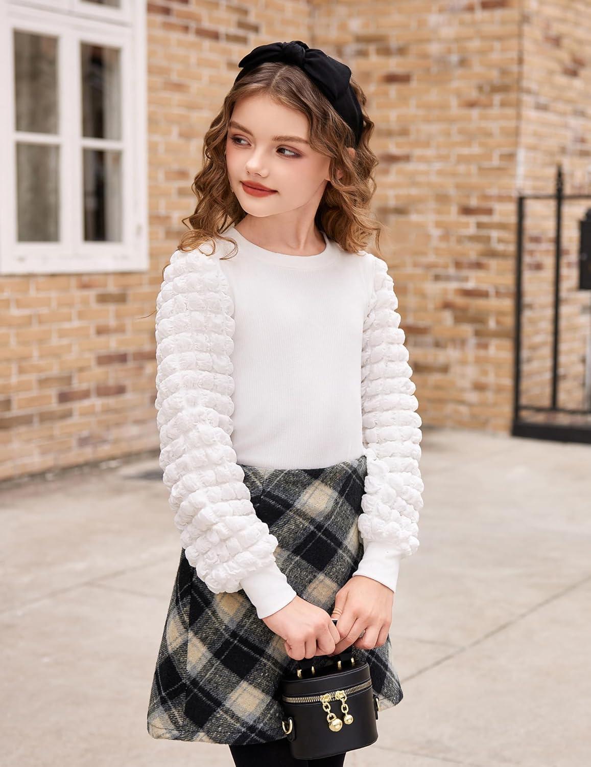 image:imageArshiner Girls Puff Long Sleeve Shirts Ribbed Knit Cute Casual Crewneck Tops Blouse TeeWhite