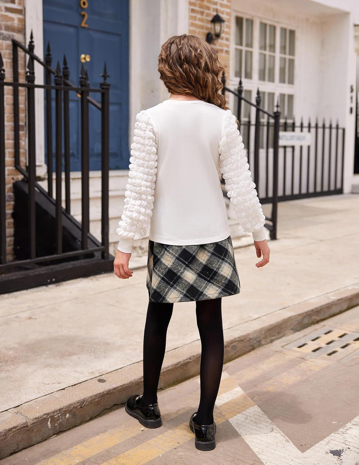 image:imageArshiner Girls Puff Long Sleeve Shirts Ribbed Knit Cute Casual Crewneck Tops Blouse TeeWhite
