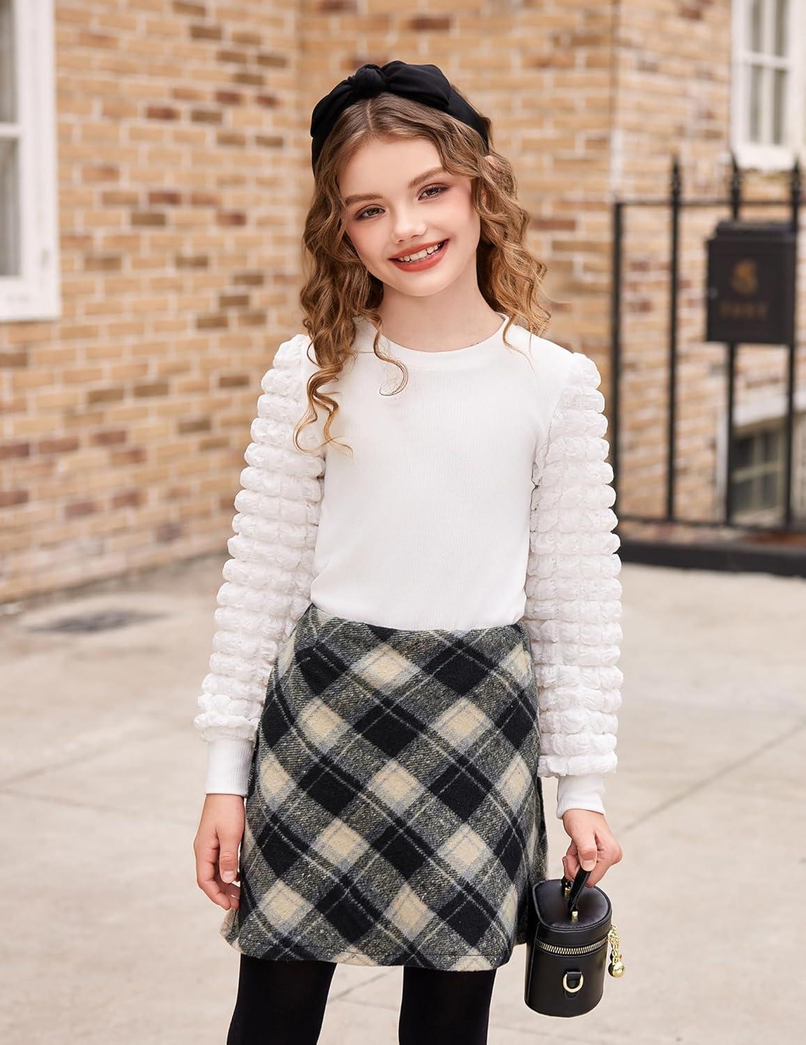 image:imageArshiner Girls Puff Long Sleeve Shirts Ribbed Knit Cute Casual Crewneck Tops Blouse TeeWhite