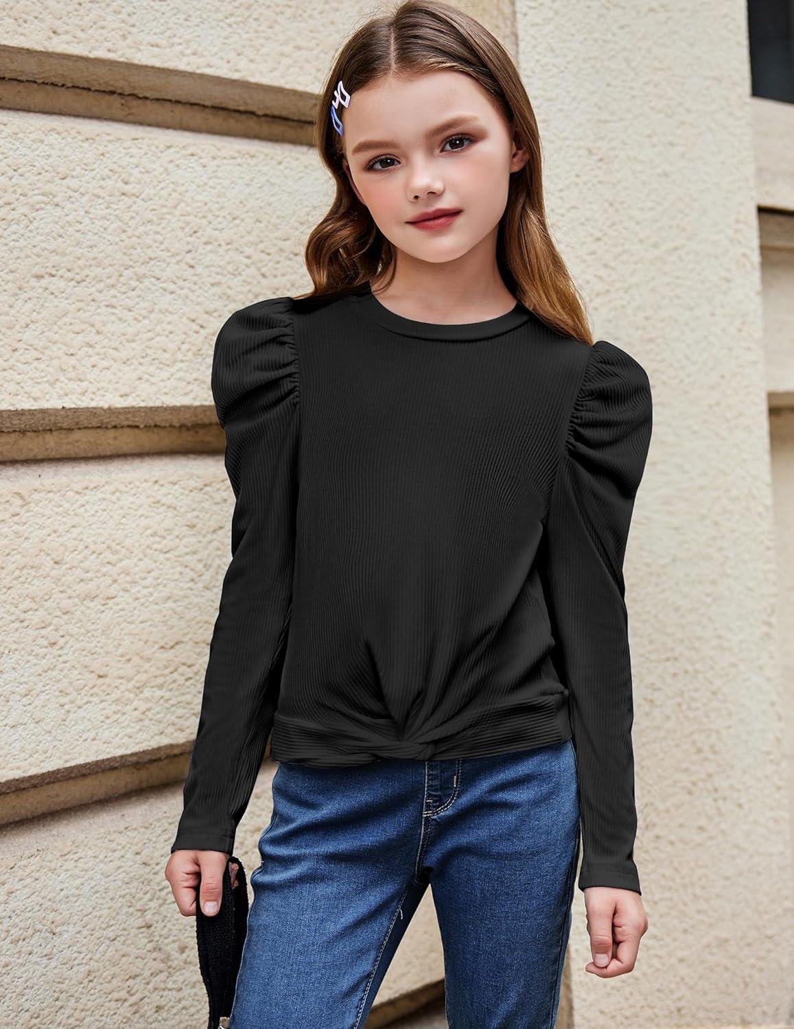 image:imageArshiner Girls Puff Long Sleeve Shirts Twist Front Ribbed Knit T Shirt Crop Tops Tee BlouseBlack