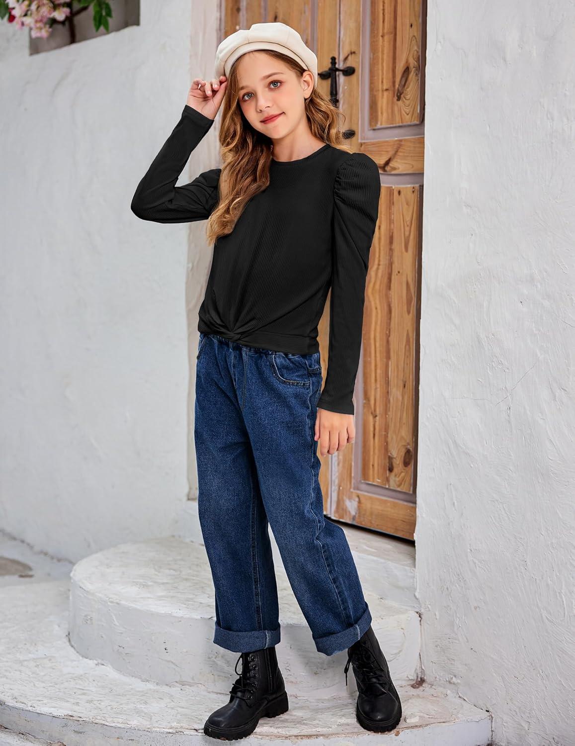 image:imageArshiner Girls Puff Long Sleeve Shirts Twist Front Ribbed Knit T Shirt Crop Tops Tee BlouseBlack
