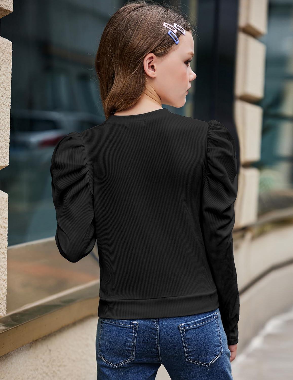 image:imageArshiner Girls Puff Long Sleeve Shirts Twist Front Ribbed Knit T Shirt Crop Tops Tee BlouseBlack