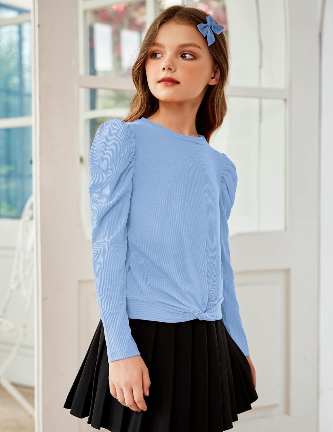 image:imageArshiner Girls Puff Long Sleeve Shirts Twist Front Ribbed Knit T Shirt Crop Tops Tee BlouseLight Blue