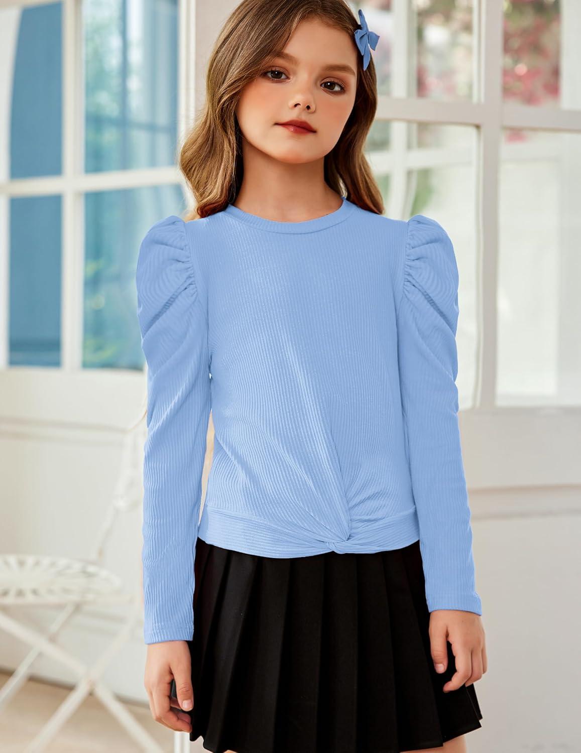 image:imageArshiner Girls Puff Long Sleeve Shirts Twist Front Ribbed Knit T Shirt Crop Tops Tee BlouseLight Blue