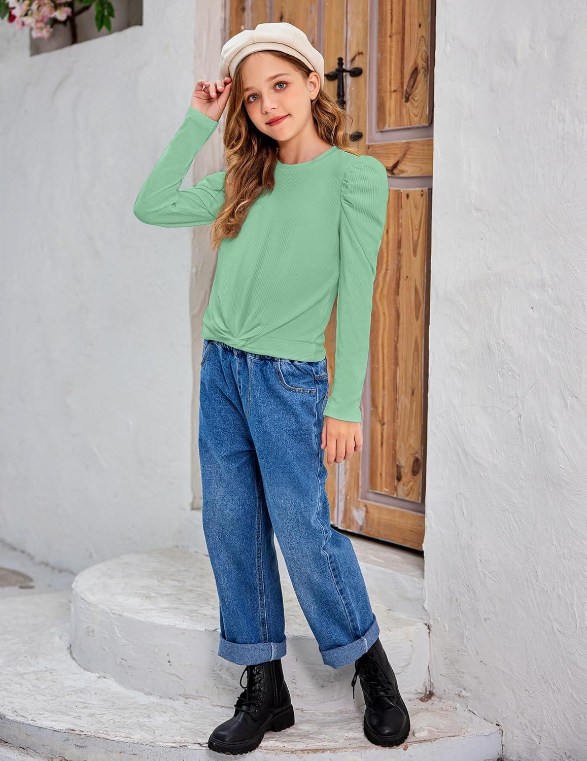 image:imageArshiner Girls Puff Long Sleeve Shirts Twist Front Ribbed Knit T Shirt Crop Tops Tee BlouseLight Green