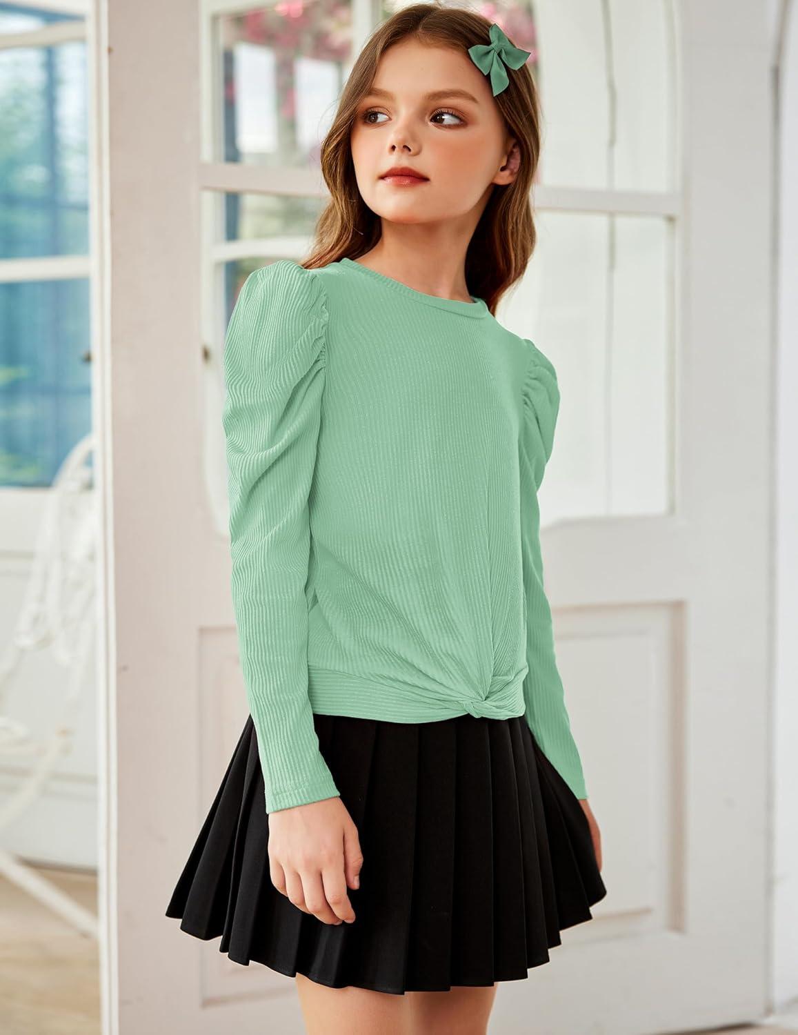 image:imageArshiner Girls Puff Long Sleeve Shirts Twist Front Ribbed Knit T Shirt Crop Tops Tee BlouseLight Green