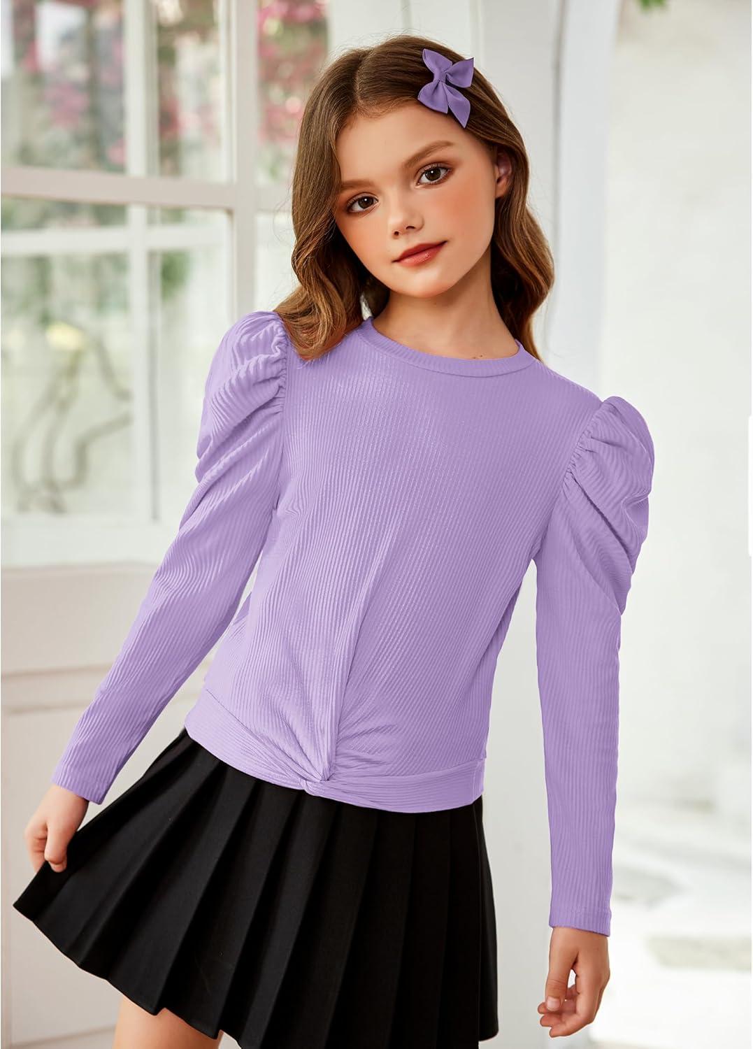 image:imageArshiner Girls Puff Long Sleeve Shirts Twist Front Ribbed Knit T Shirt Crop Tops Tee BlouseLilac