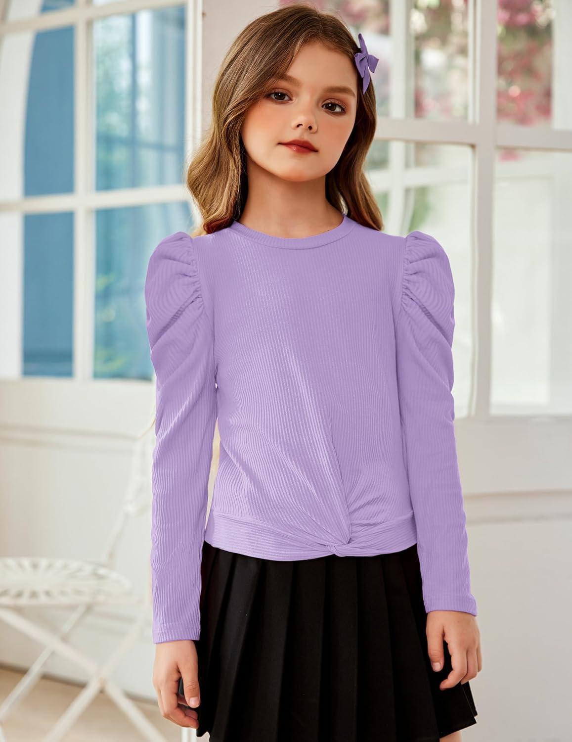 image:imageArshiner Girls Puff Long Sleeve Shirts Twist Front Ribbed Knit T Shirt Crop Tops Tee BlouseLilac