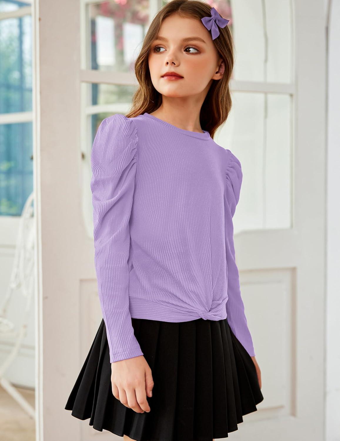 image:imageArshiner Girls Puff Long Sleeve Shirts Twist Front Ribbed Knit T Shirt Crop Tops Tee BlouseLilac
