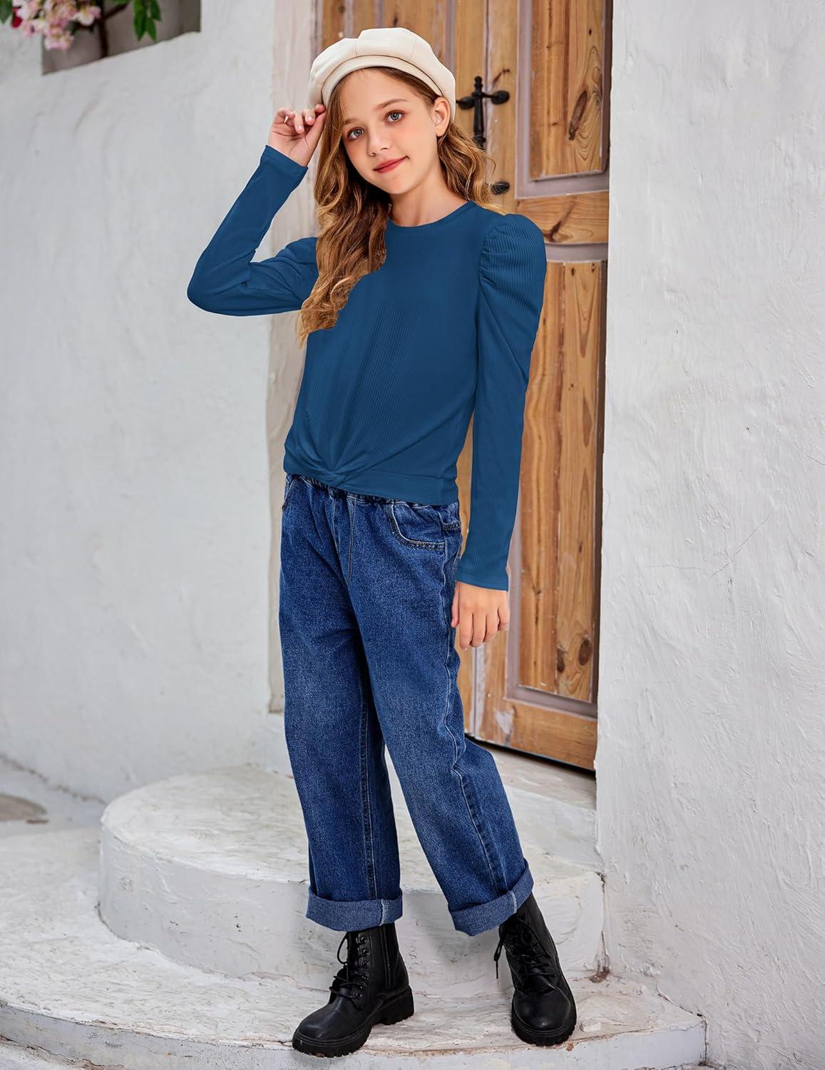 image:imageArshiner Girls Puff Long Sleeve Shirts Twist Front Ribbed Knit T Shirt Crop Tops Tee BlouseNavy Blue