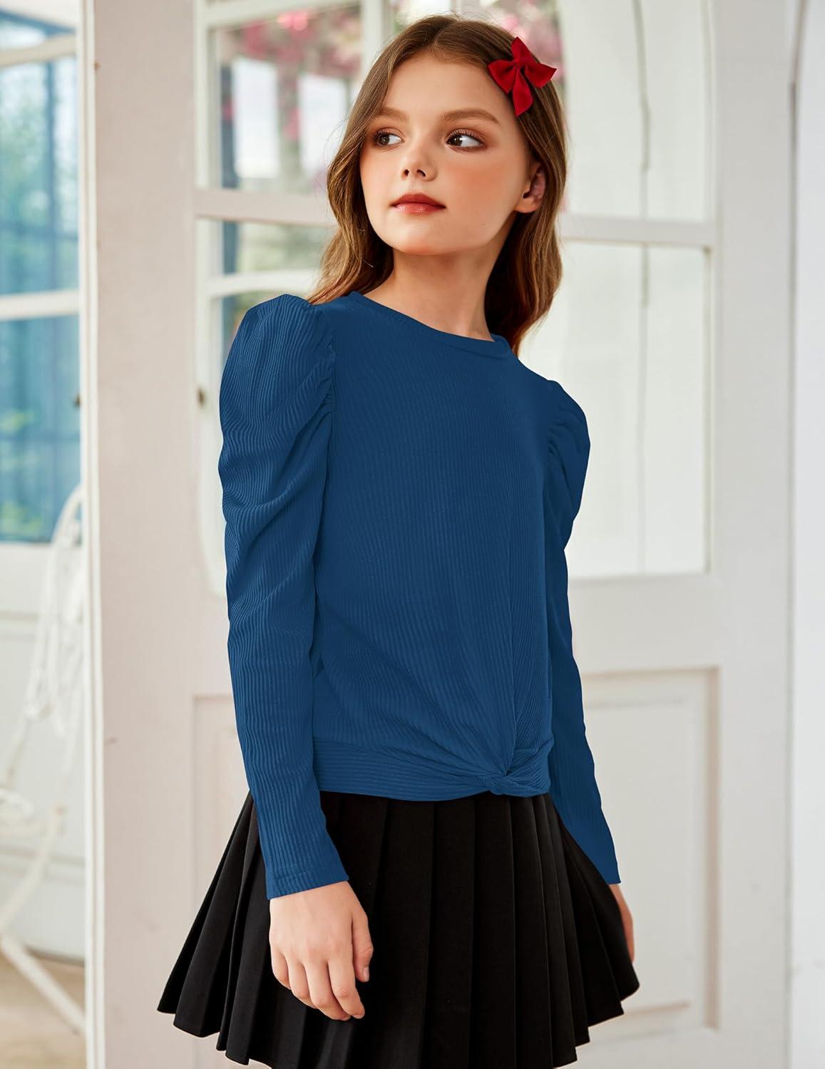 image:imageArshiner Girls Puff Long Sleeve Shirts Twist Front Ribbed Knit T Shirt Crop Tops Tee BlouseNavy Blue