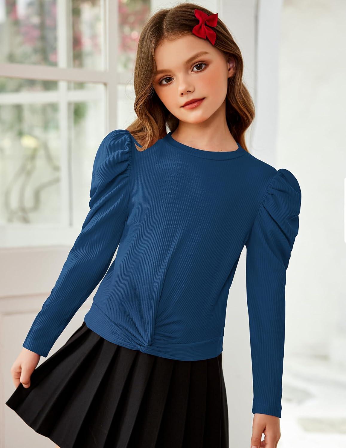 image:imageArshiner Girls Puff Long Sleeve Shirts Twist Front Ribbed Knit T Shirt Crop Tops Tee BlouseNavy Blue