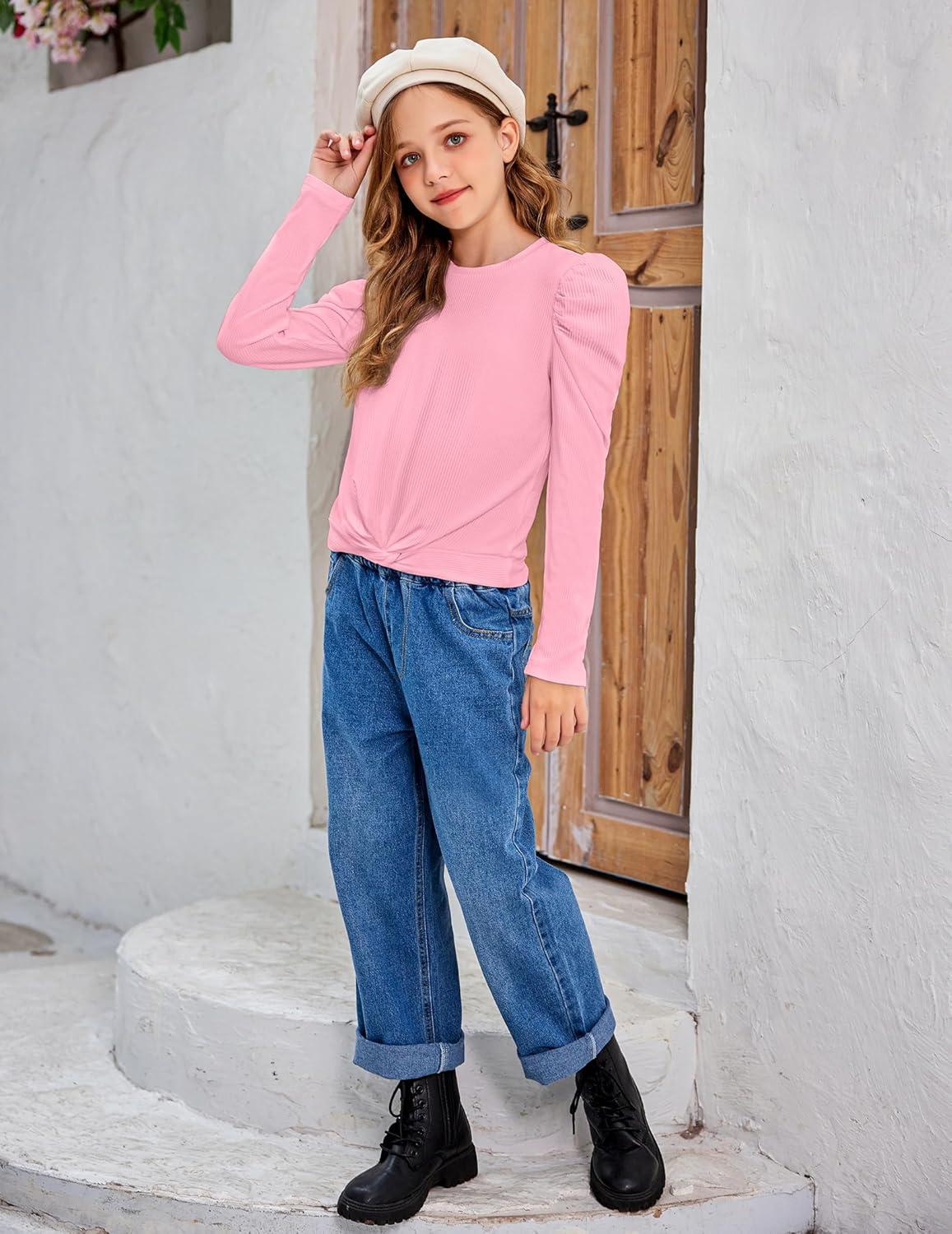 image:imageArshiner Girls Puff Long Sleeve Shirts Twist Front Ribbed Knit T Shirt Crop Tops Tee BlousePink 2