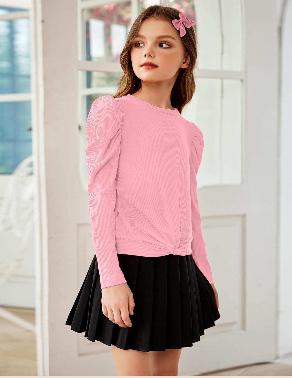image:imageArshiner Girls Puff Long Sleeve Shirts Twist Front Ribbed Knit T Shirt Crop Tops Tee BlousePink 2