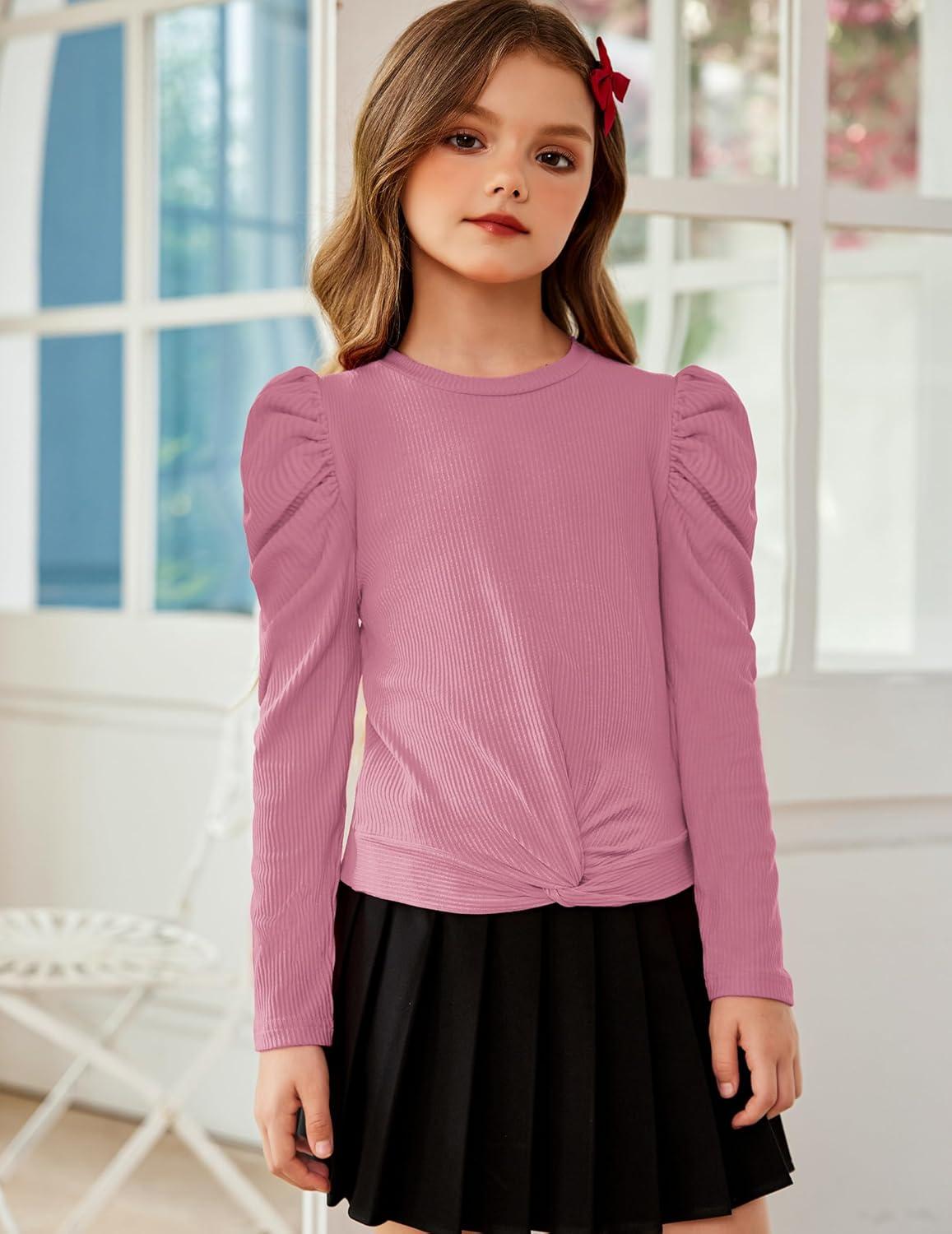 image:imageArshiner Girls Puff Long Sleeve Shirts Twist Front Ribbed Knit T Shirt Crop Tops Tee BlousePink