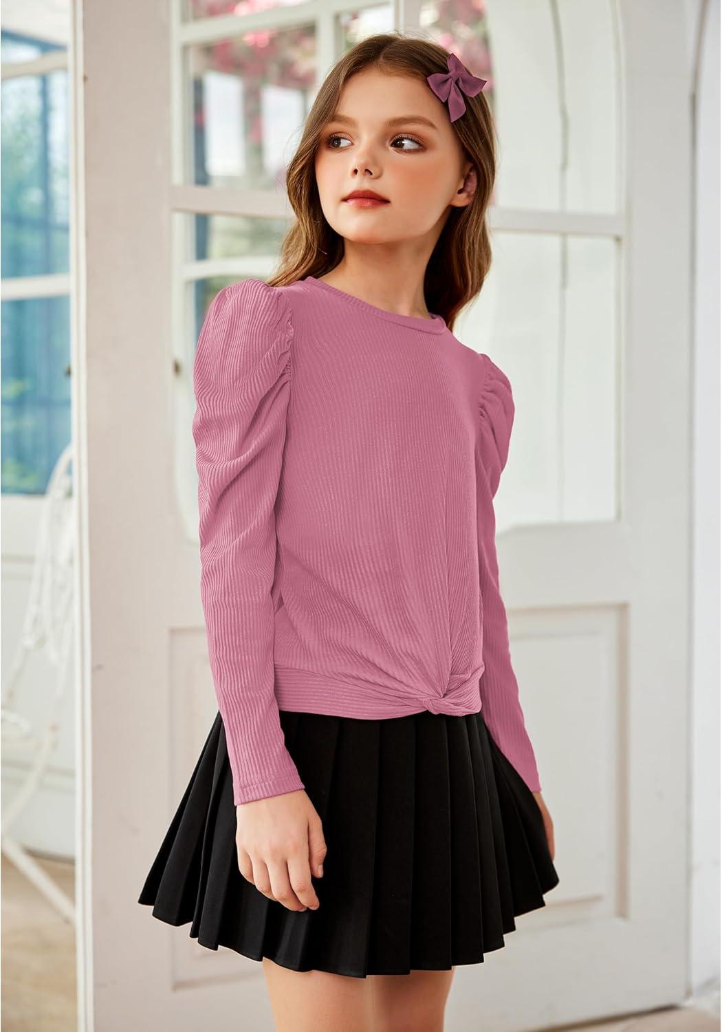 image:imageArshiner Girls Puff Long Sleeve Shirts Twist Front Ribbed Knit T Shirt Crop Tops Tee BlousePink