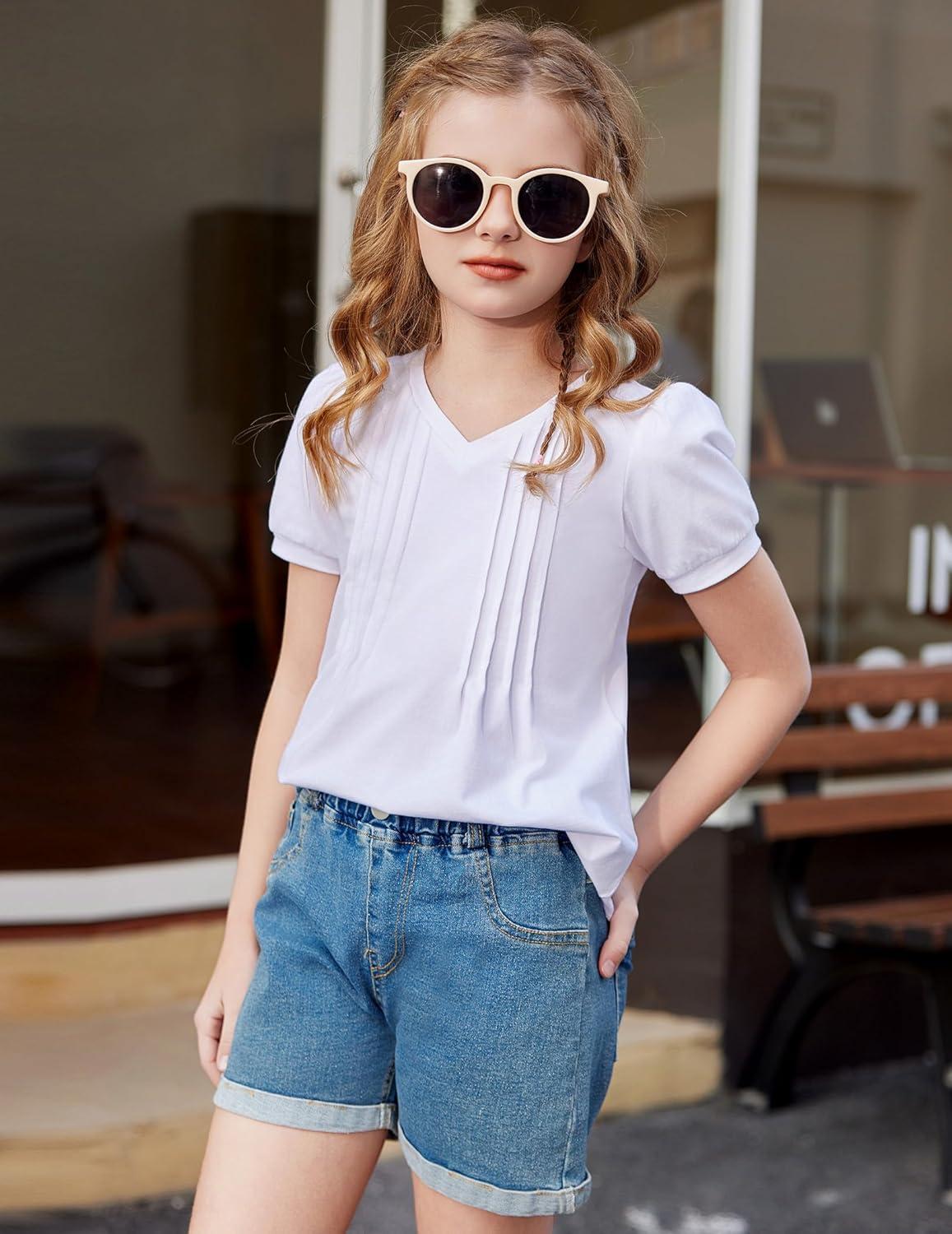 image:imageArshiner Girls Puff Short Sleeve Shirts Pleated Tunic Top Casual V Neck Summer Kids Blouse TeeWhite