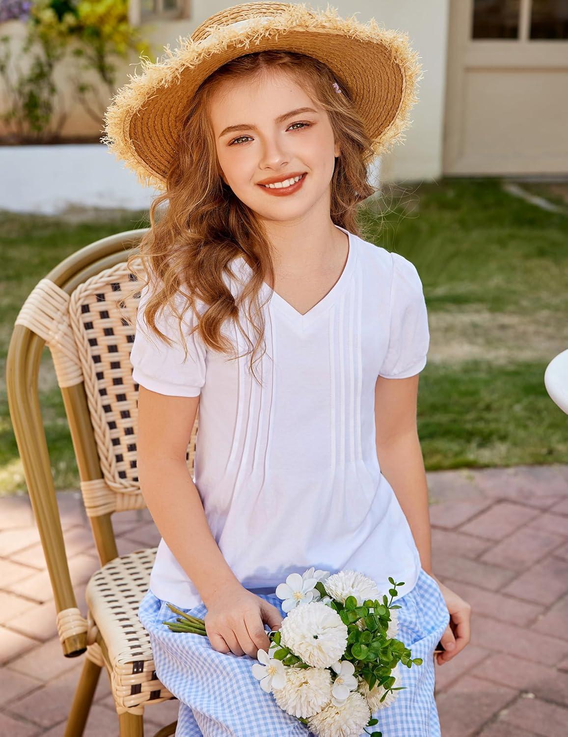 image:imageArshiner Girls Puff Short Sleeve Shirts Pleated Tunic Top Casual V Neck Summer Kids Blouse TeeWhite