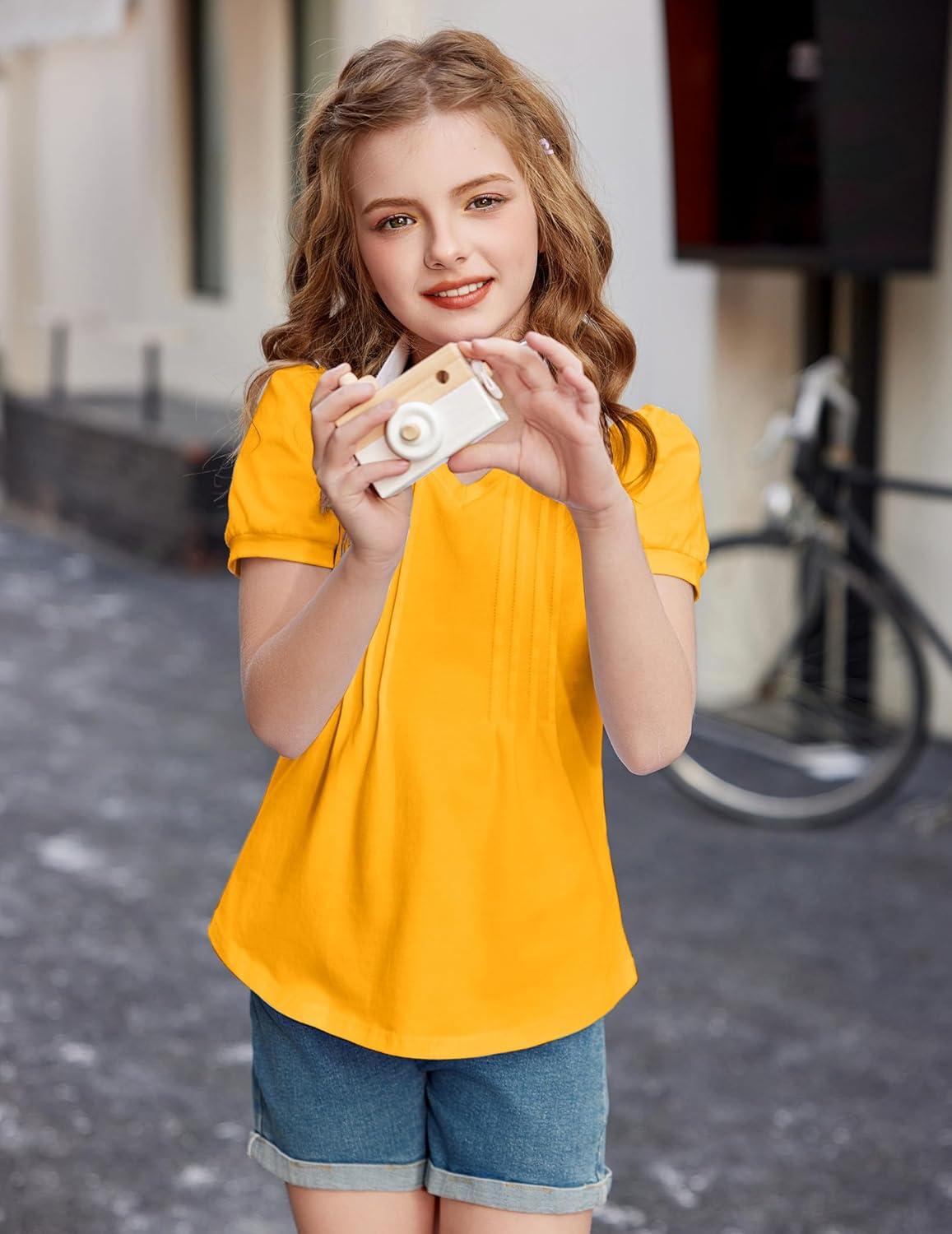 image:imageArshiner Girls Puff Short Sleeve Shirts Pleated Tunic Top Casual V Neck Summer Kids Blouse TeeYellow