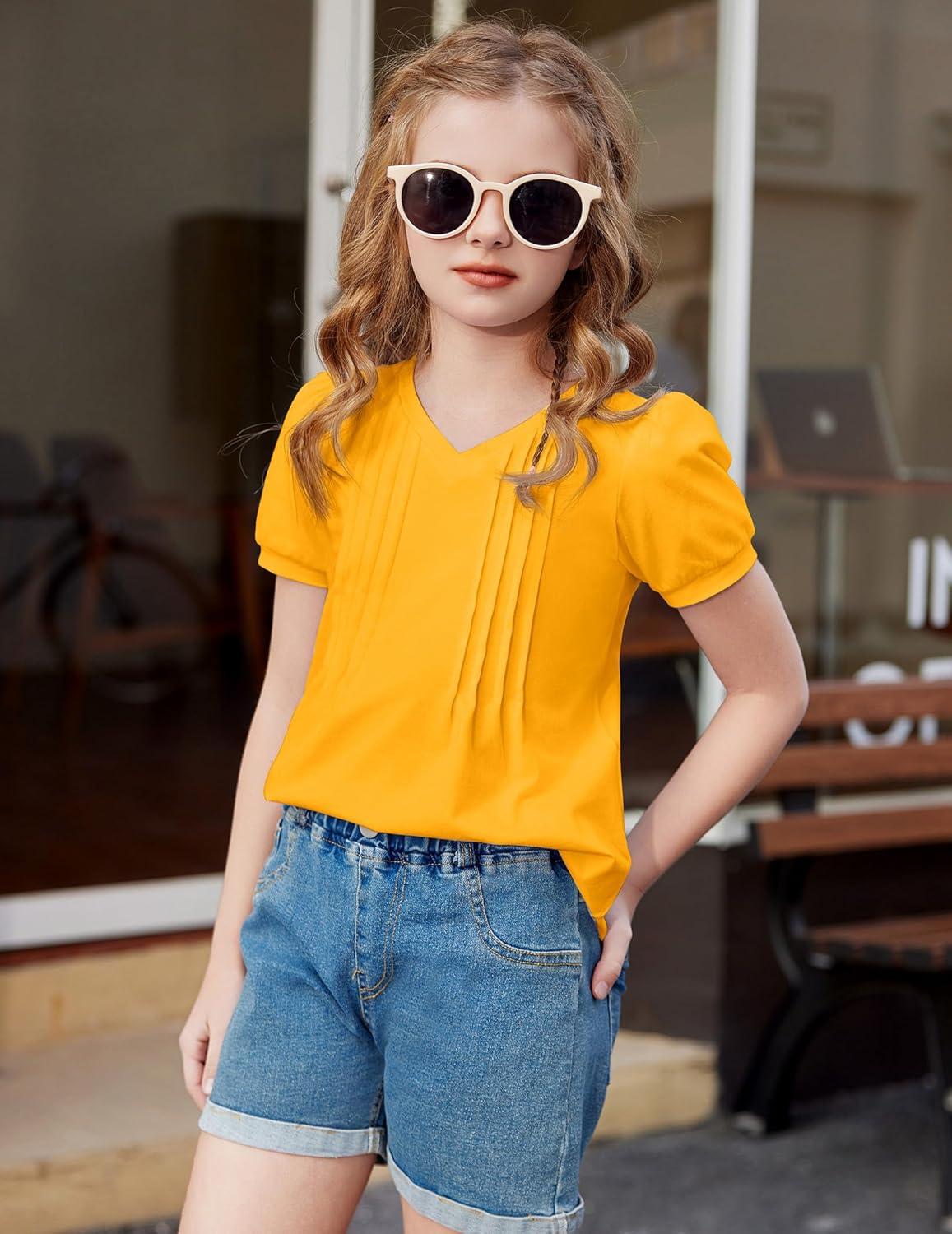 image:imageArshiner Girls Puff Short Sleeve Shirts Pleated Tunic Top Casual V Neck Summer Kids Blouse TeeYellow