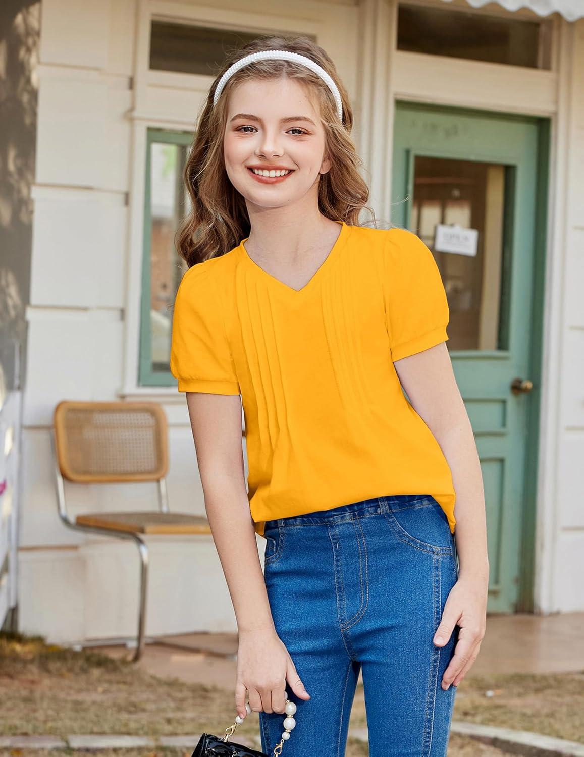 image:imageArshiner Girls Puff Short Sleeve Shirts Pleated Tunic Top Casual V Neck Summer Kids Blouse TeeYellow