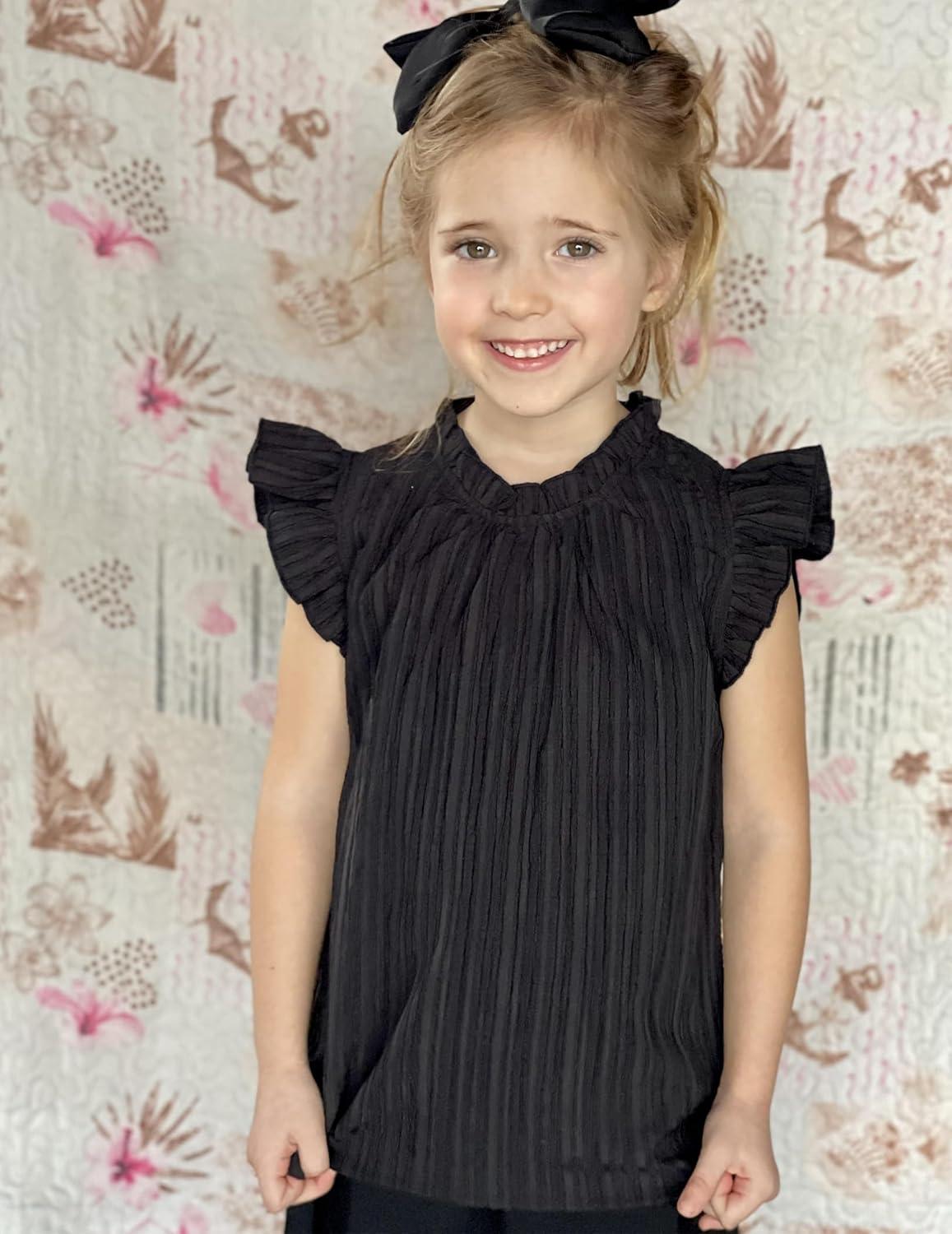 image:imageArshiner Girls Ruffle Short Sleeve Shirts Cute Summer Frill Neck Pleated Textured Blouse TopsBlack