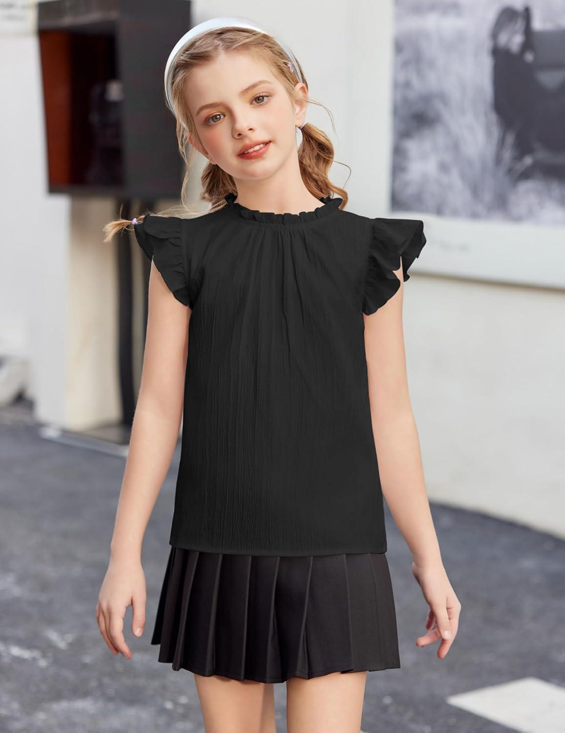 image:imageArshiner Girls Ruffle Short Sleeve Shirts Cute Summer Frill Neck Pleated Textured Blouse TopsBlack