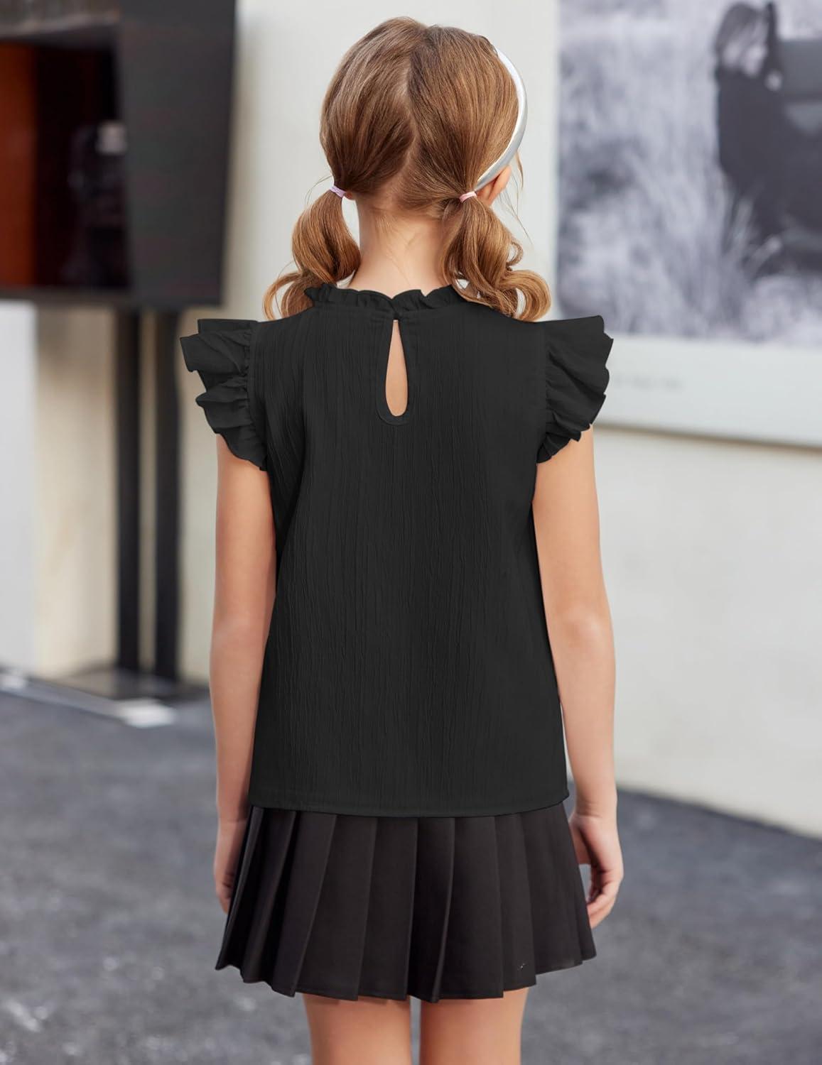 image:imageArshiner Girls Ruffle Short Sleeve Shirts Cute Summer Frill Neck Pleated Textured Blouse TopsBlack