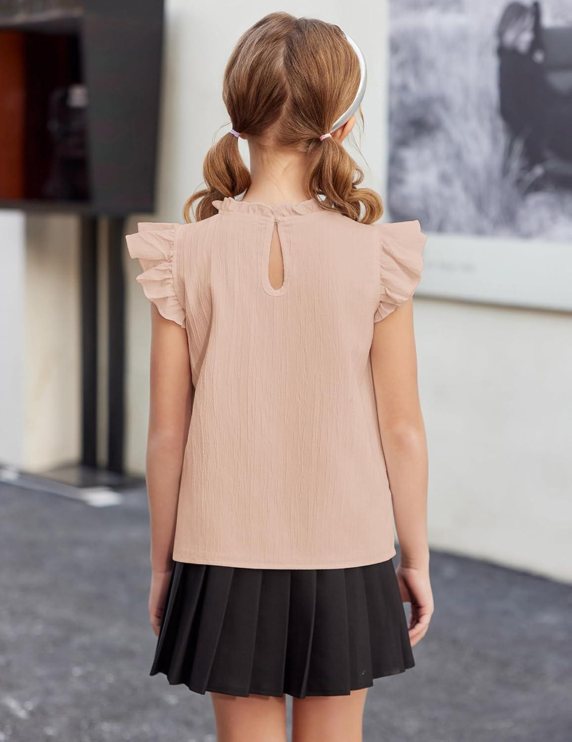image:imageArshiner Girls Ruffle Short Sleeve Shirts Cute Summer Frill Neck Pleated Textured Blouse TopsKhaki