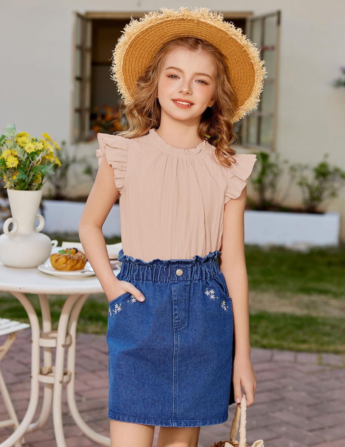image:imageArshiner Girls Ruffle Short Sleeve Shirts Cute Summer Frill Neck Pleated Textured Blouse TopsKhaki