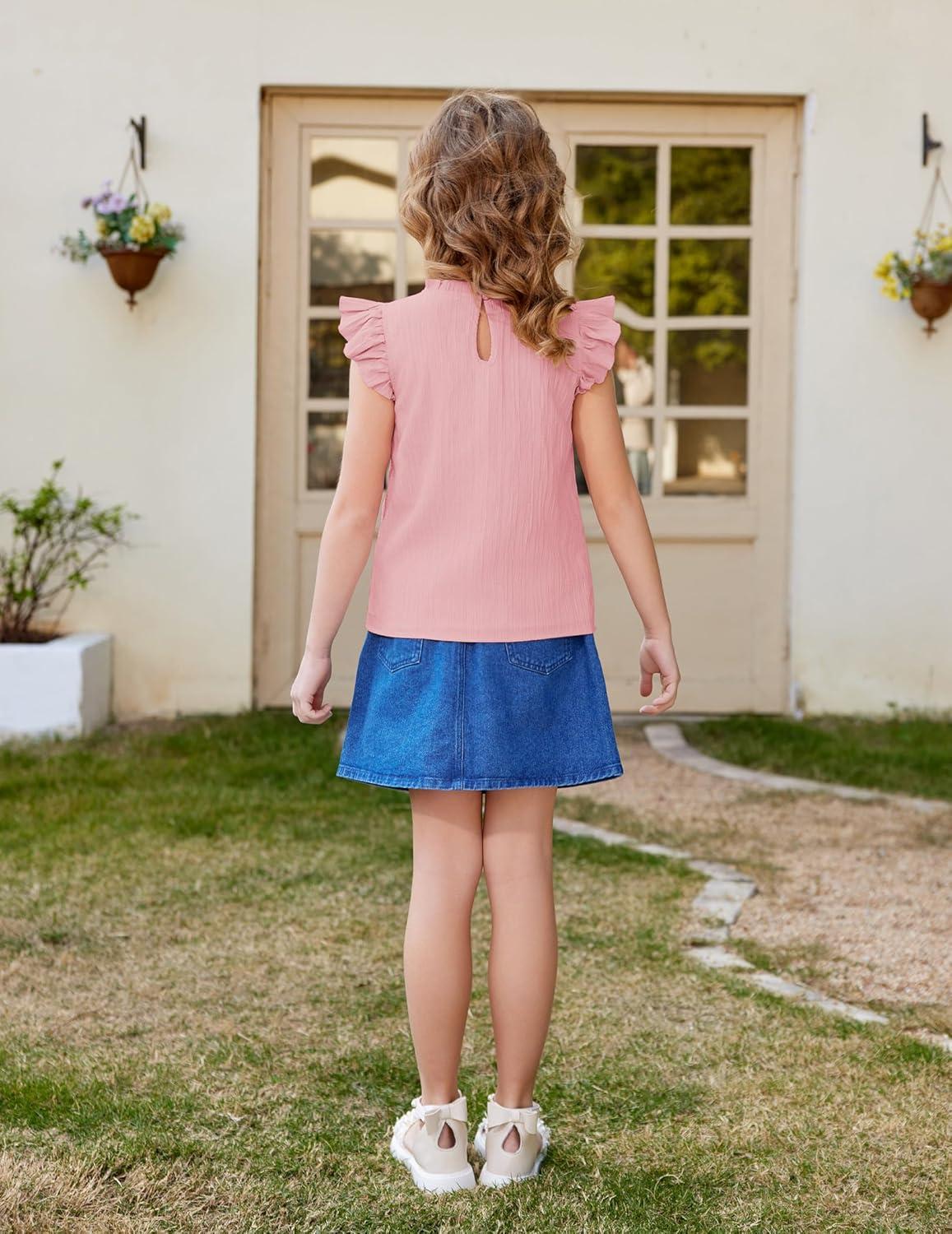 image:imageArshiner Girls Ruffle Short Sleeve Shirts Cute Summer Frill Neck Pleated Textured Blouse TopsLight Pink