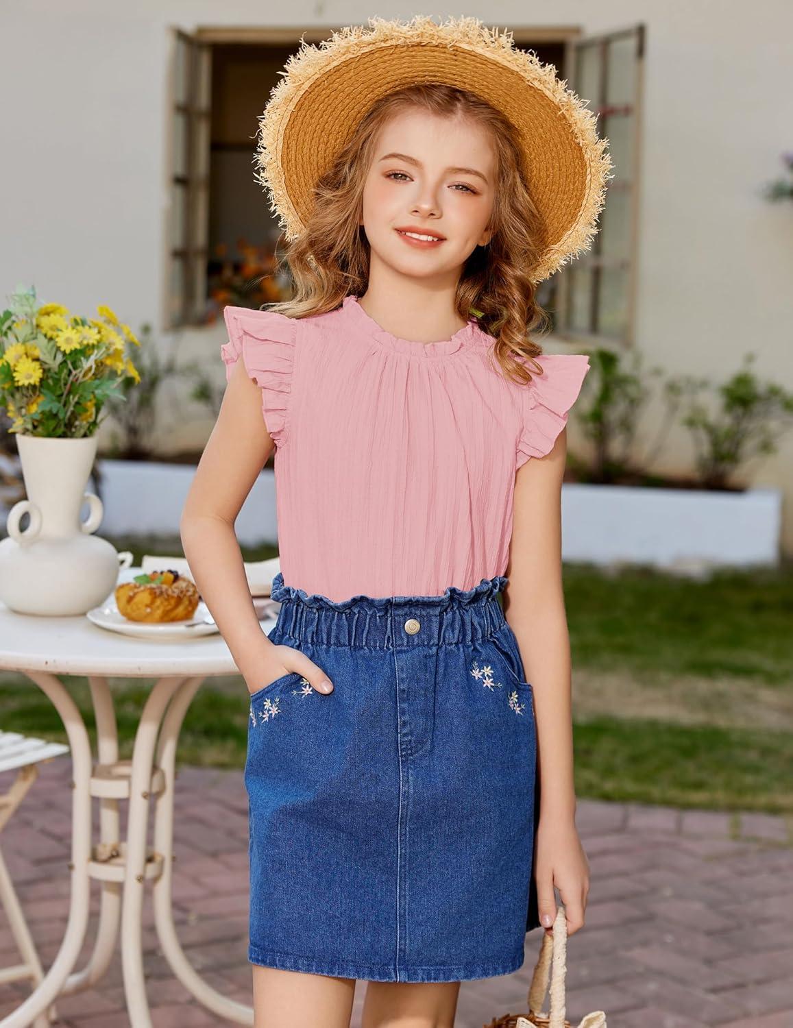image:imageArshiner Girls Ruffle Short Sleeve Shirts Cute Summer Frill Neck Pleated Textured Blouse TopsLight Pink