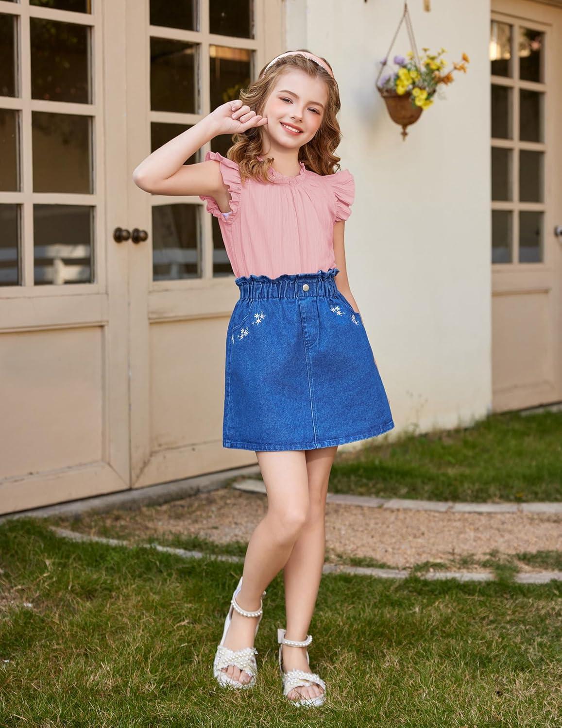 image:imageArshiner Girls Ruffle Short Sleeve Shirts Cute Summer Frill Neck Pleated Textured Blouse TopsLight Pink