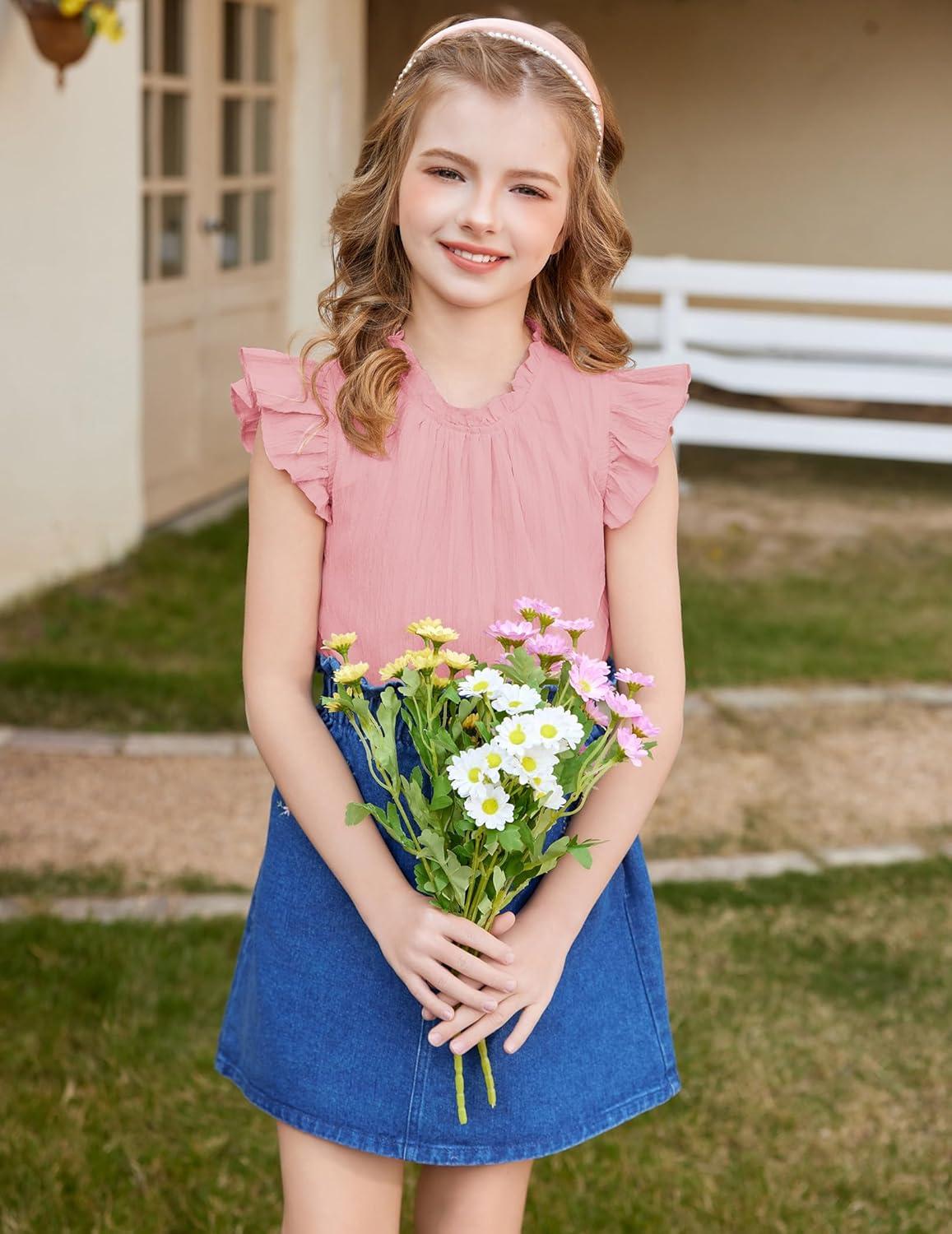 image:imageArshiner Girls Ruffle Short Sleeve Shirts Cute Summer Frill Neck Pleated Textured Blouse TopsLight Pink