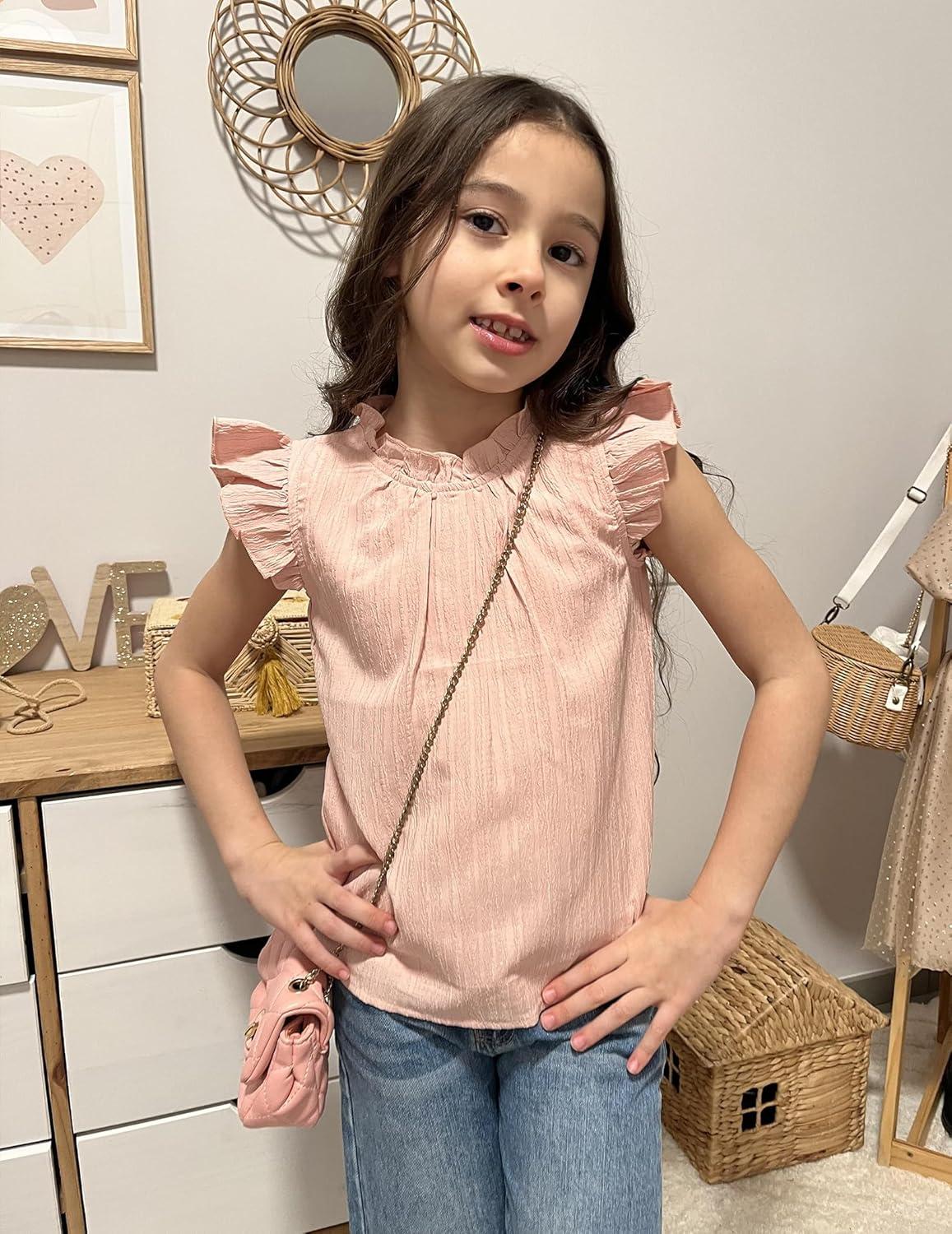 image:imageArshiner Girls Ruffle Short Sleeve Shirts Cute Summer Frill Neck Pleated Textured Blouse TopsLight Pink