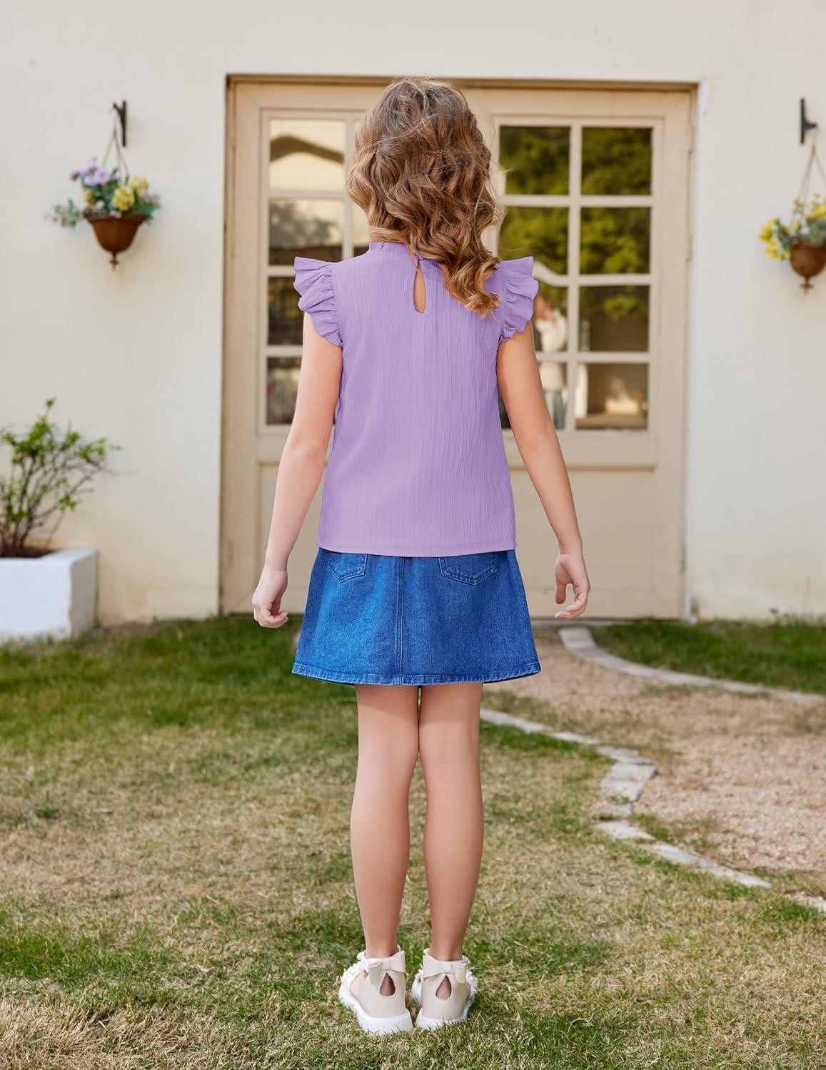 image:imageArshiner Girls Ruffle Short Sleeve Shirts Cute Summer Frill Neck Pleated Textured Blouse TopsLilac