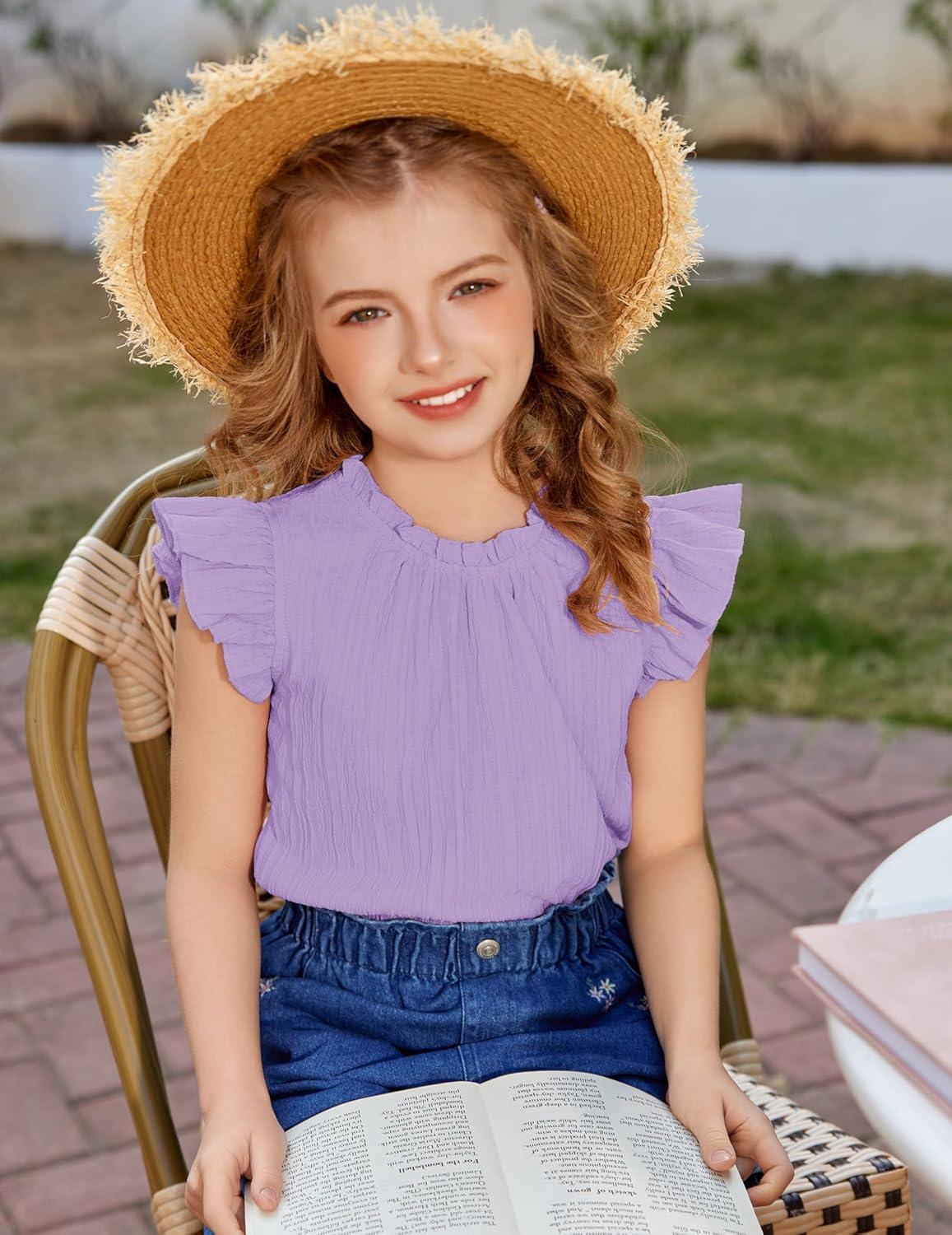 image:imageArshiner Girls Ruffle Short Sleeve Shirts Cute Summer Frill Neck Pleated Textured Blouse TopsLilac