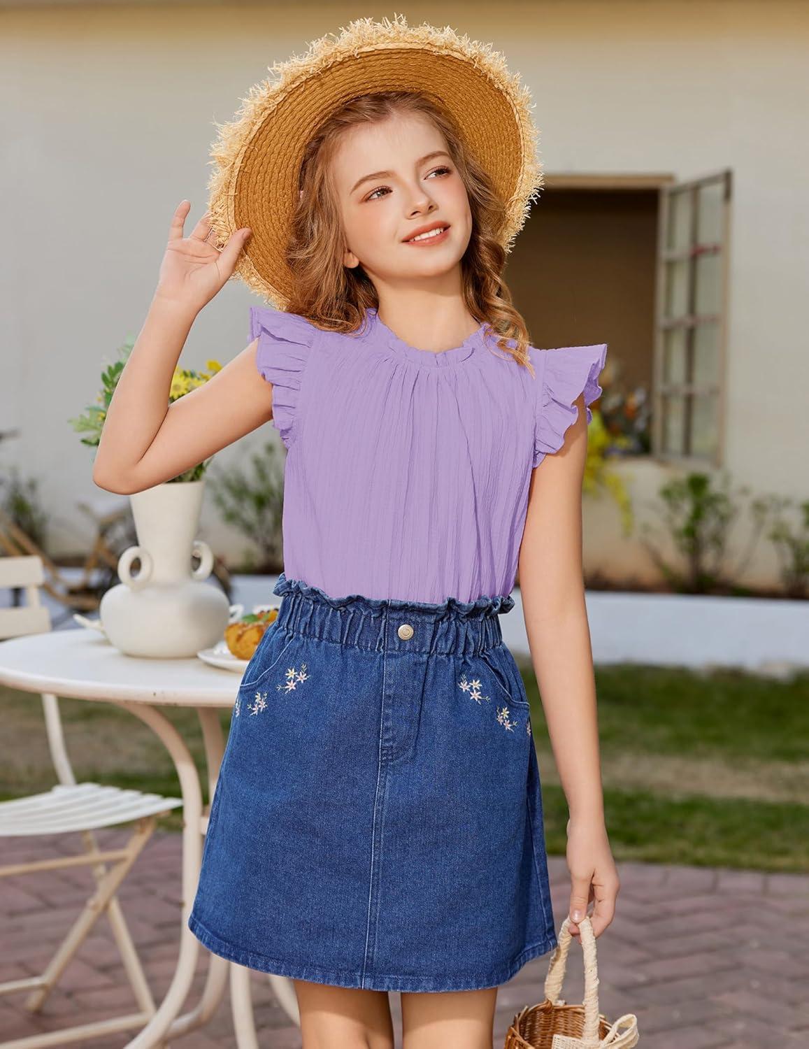 image:imageArshiner Girls Ruffle Short Sleeve Shirts Cute Summer Frill Neck Pleated Textured Blouse TopsLilac