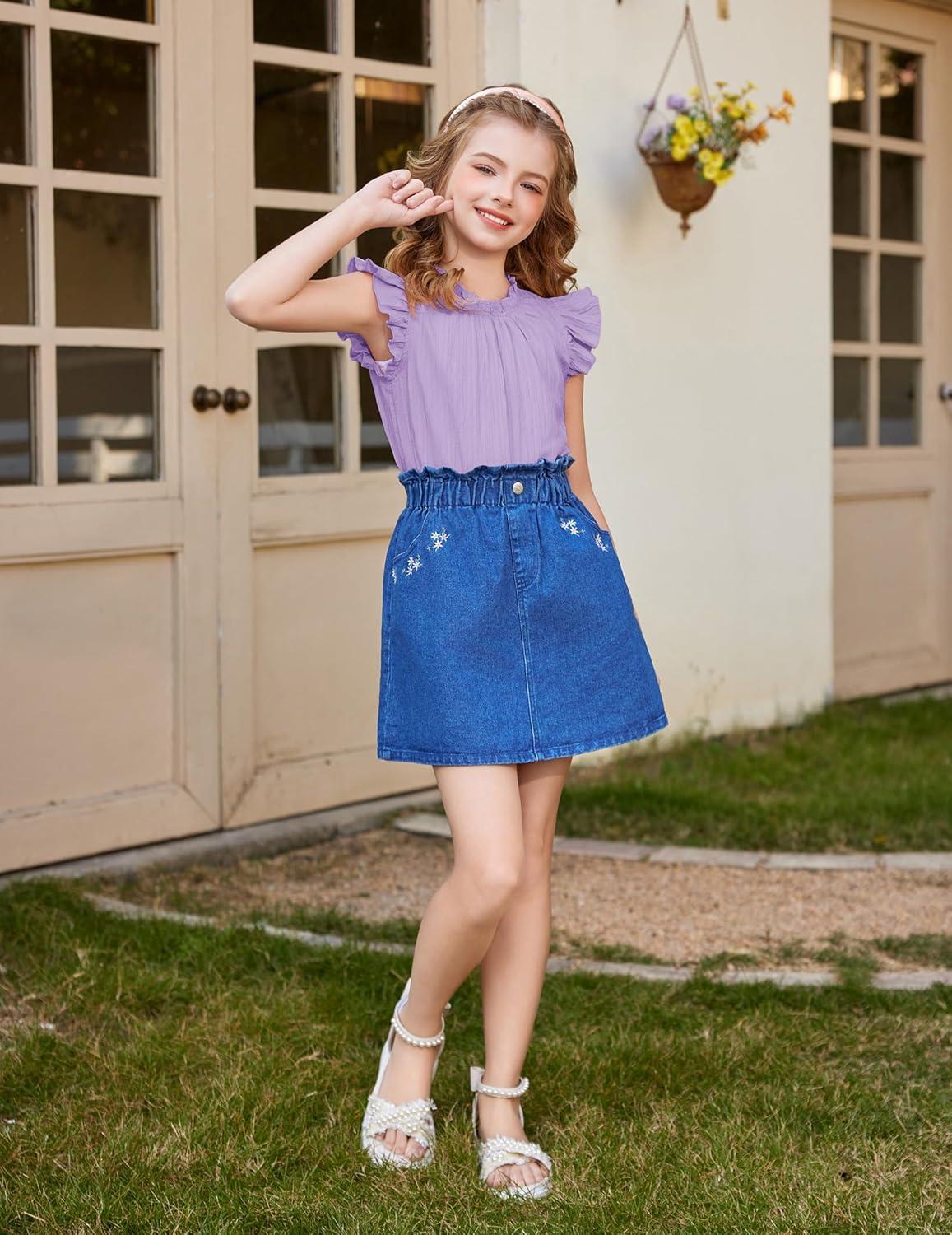 image:imageArshiner Girls Ruffle Short Sleeve Shirts Cute Summer Frill Neck Pleated Textured Blouse TopsLilac