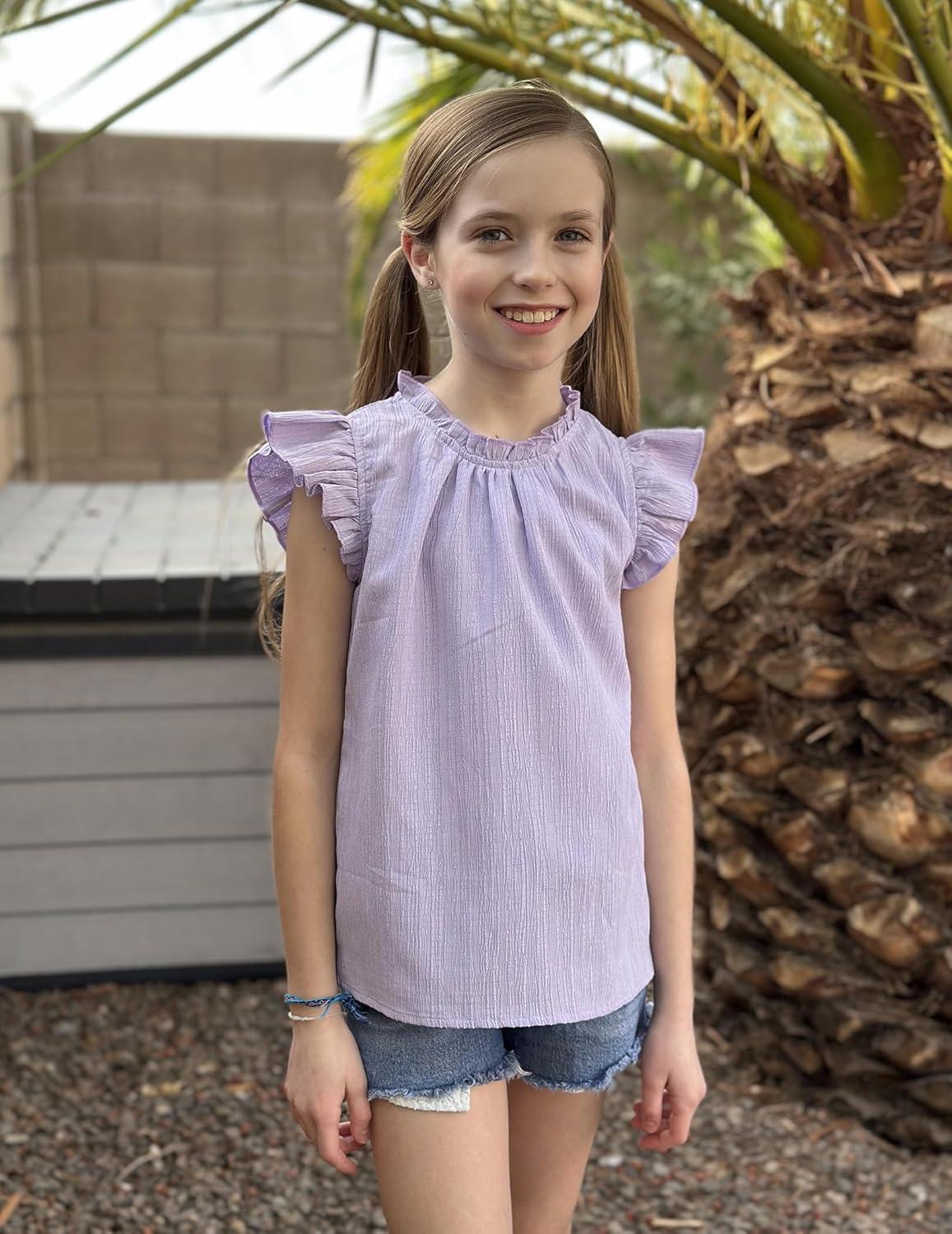 image:imageArshiner Girls Ruffle Short Sleeve Shirts Cute Summer Frill Neck Pleated Textured Blouse TopsLilac