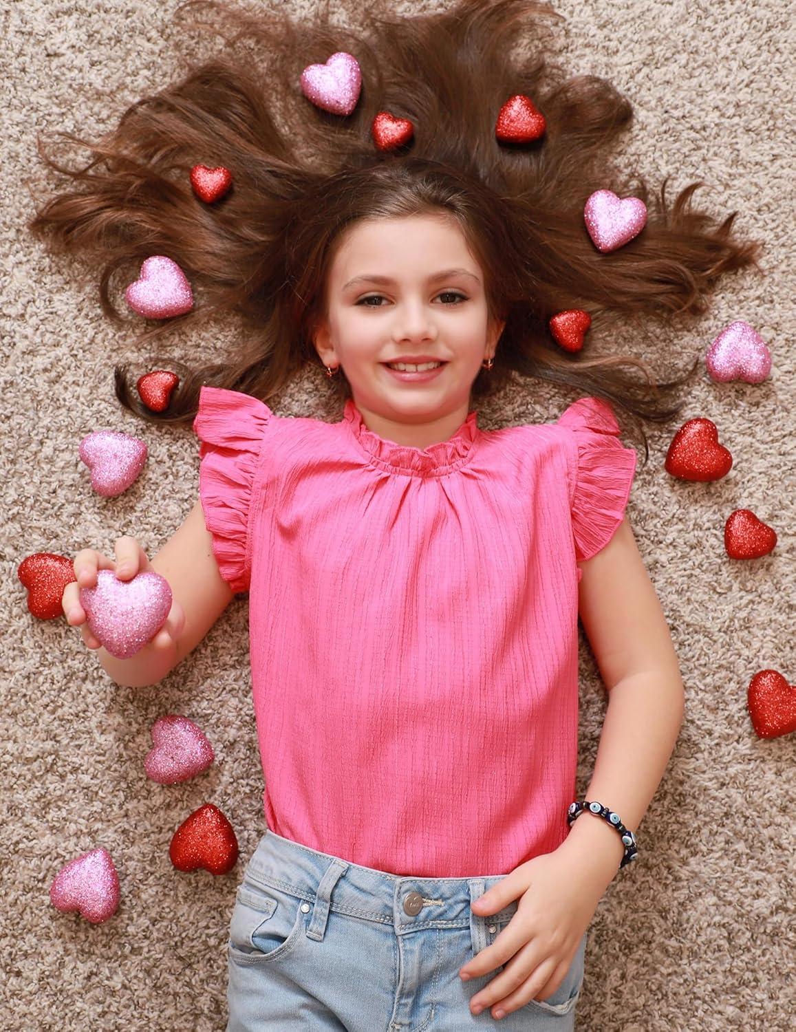 image:imageArshiner Girls Ruffle Short Sleeve Shirts Cute Summer Frill Neck Pleated Textured Blouse TopsRose Red