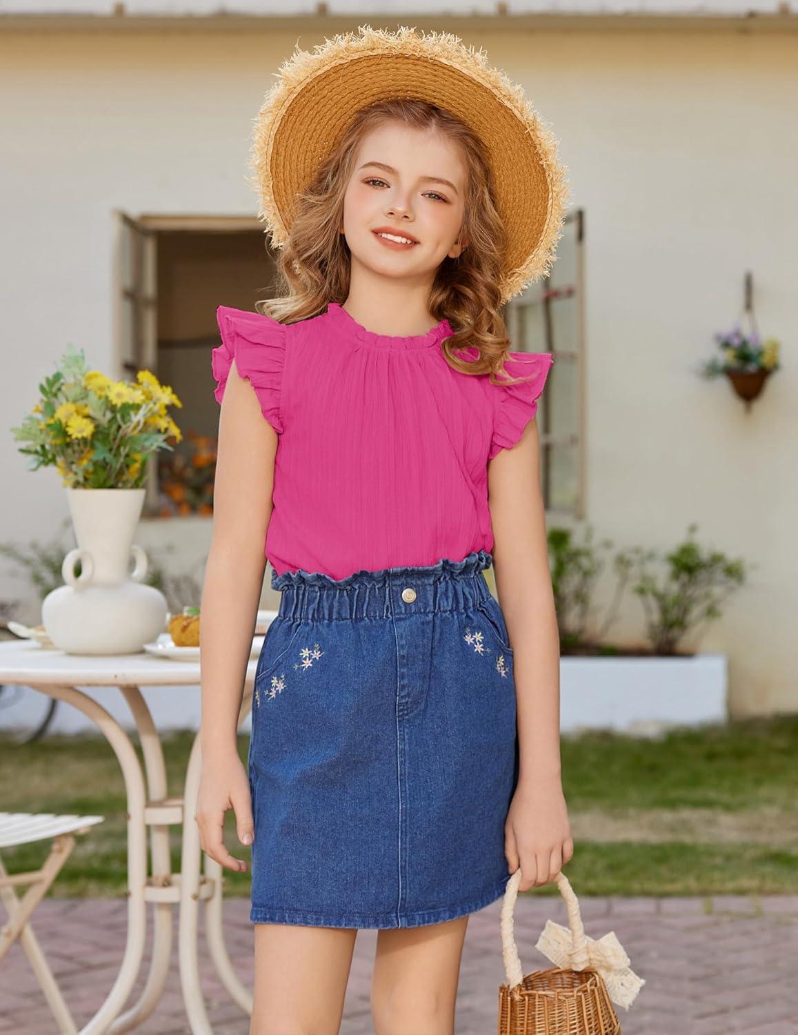 image:imageArshiner Girls Ruffle Short Sleeve Shirts Cute Summer Frill Neck Pleated Textured Blouse TopsRose Red