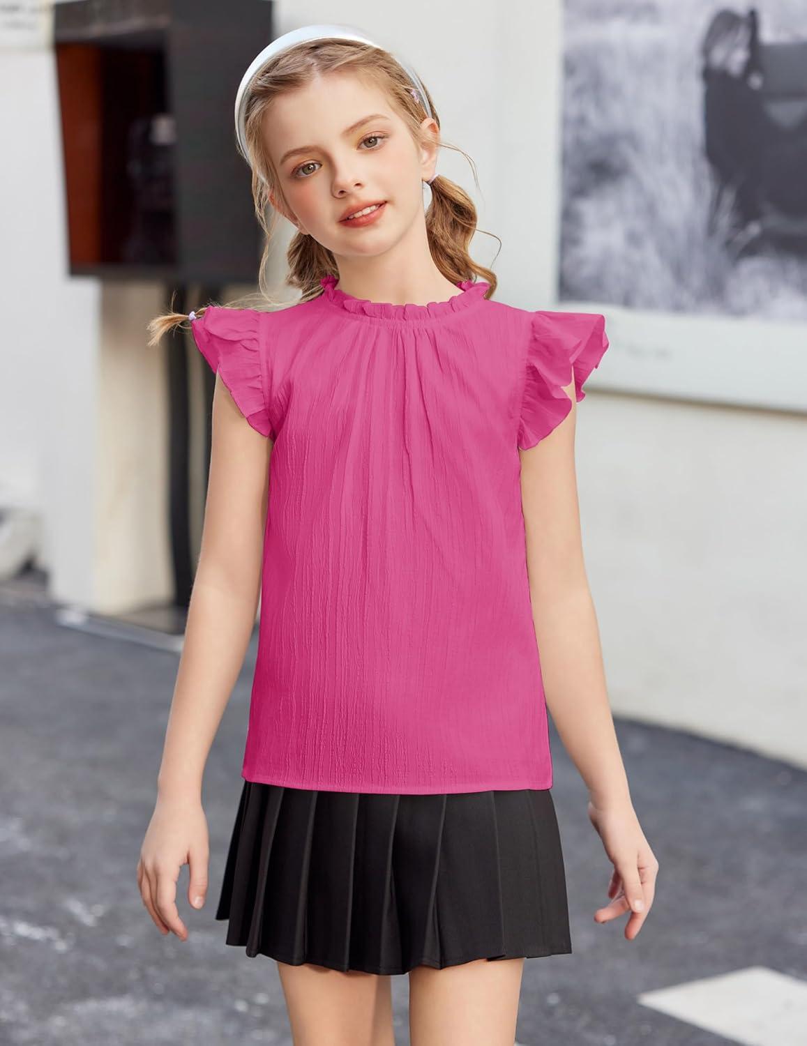 image:imageArshiner Girls Ruffle Short Sleeve Shirts Cute Summer Frill Neck Pleated Textured Blouse TopsRose Red