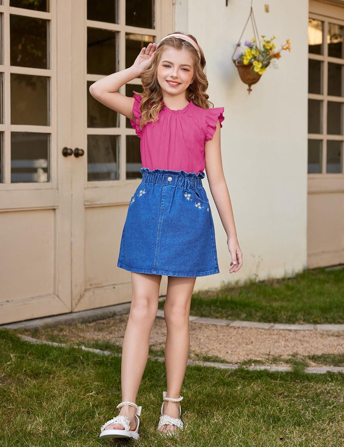 image:imageArshiner Girls Ruffle Short Sleeve Shirts Cute Summer Frill Neck Pleated Textured Blouse TopsRose Red