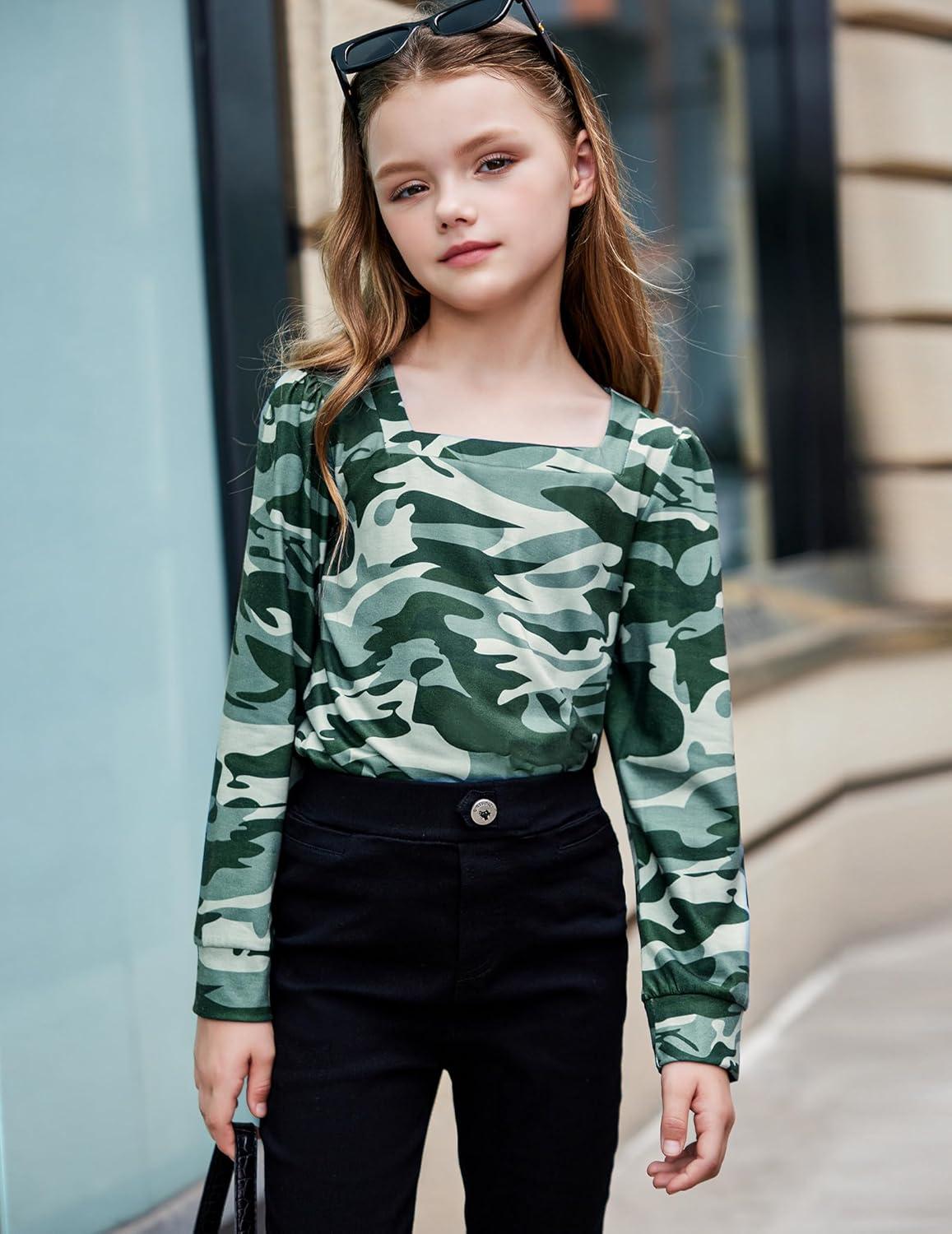image:imageArshiner Girls Shirt Casual Square Neck Long Sleeve Shirts Fall Winter Tunic Tops For Girls 512 YearsCamo