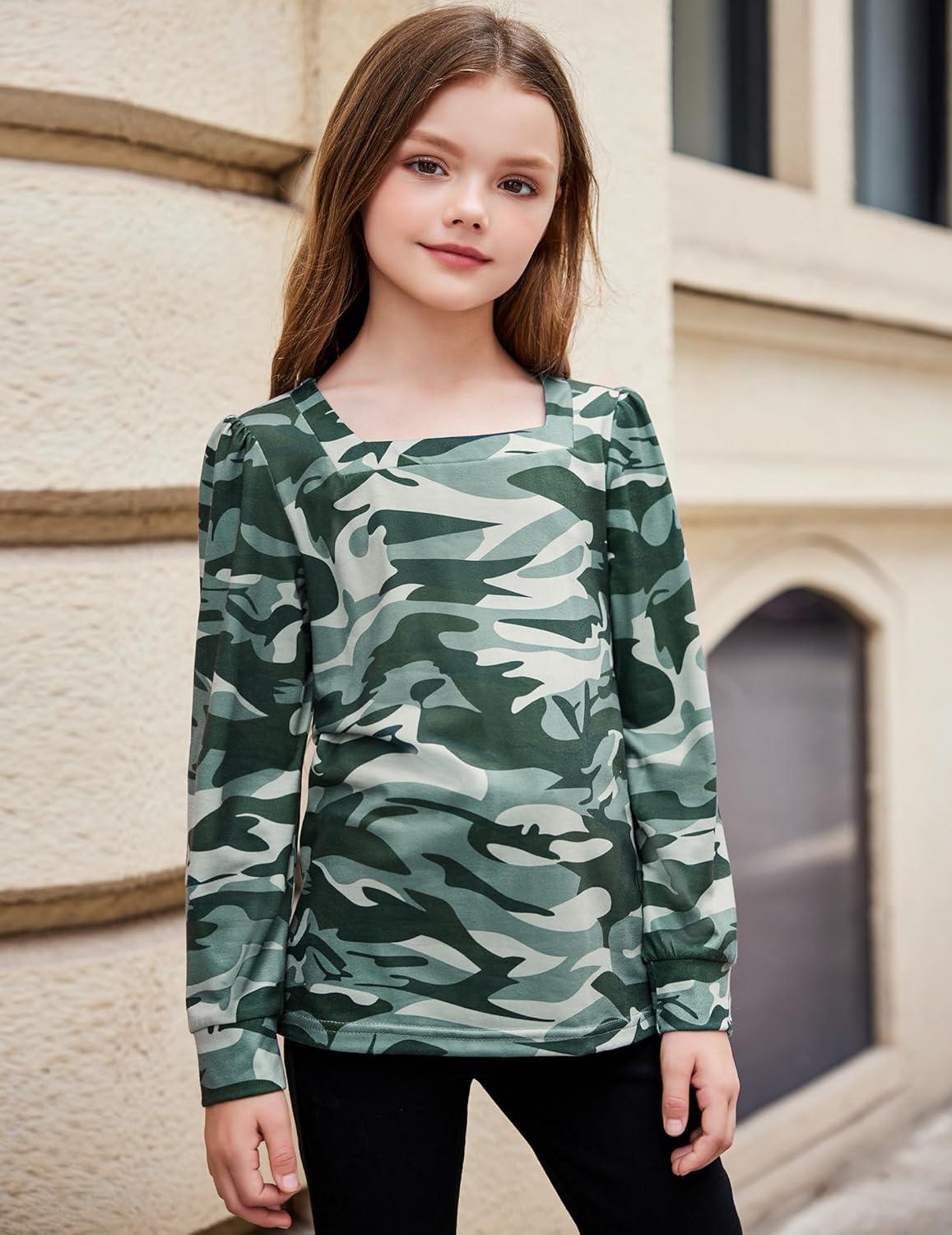 image:imageArshiner Girls Shirt Casual Square Neck Long Sleeve Shirts Fall Winter Tunic Tops For Girls 512 YearsCamo