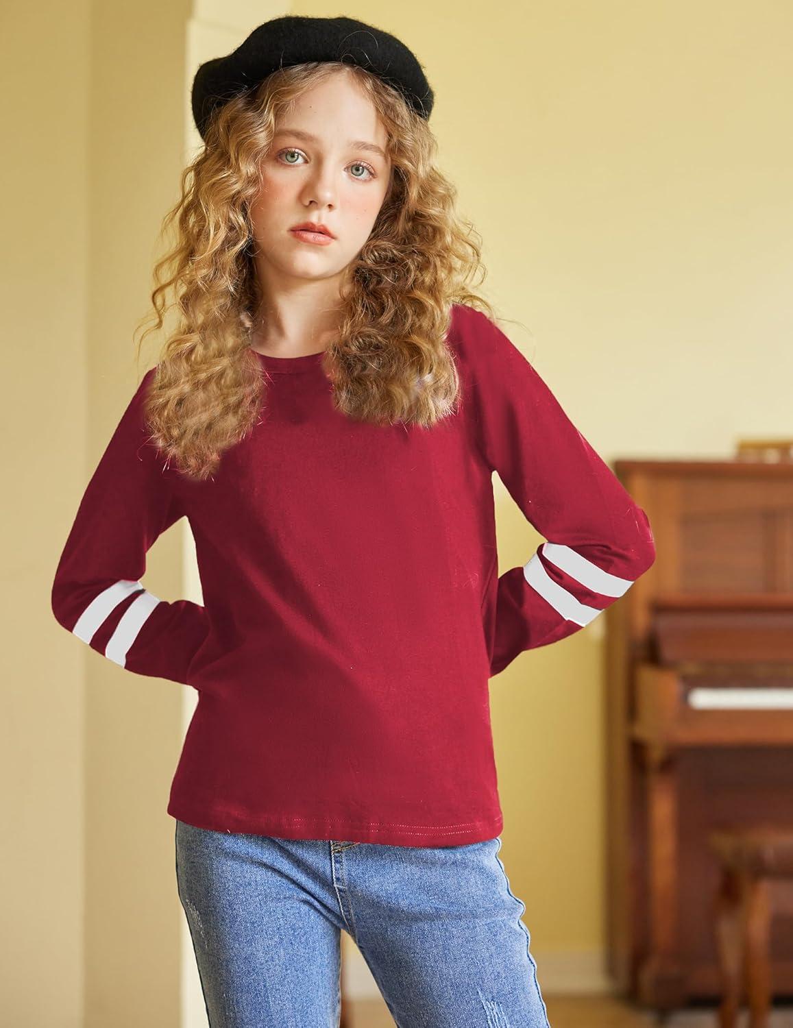 image:imageArshiner Girls Shirts Cotton Casual Basic Long Sleeve Crewneck Color Block Tunic Tee Tops BlouseRed