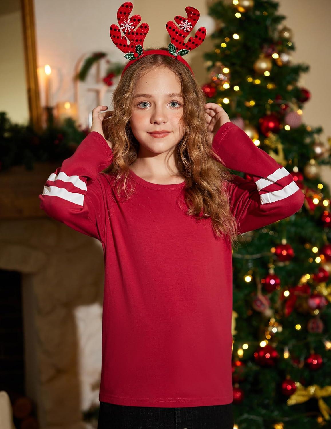 image:imageArshiner Girls Shirts Cotton Casual Basic Long Sleeve Crewneck Color Block Tunic Tee Tops BlouseRed